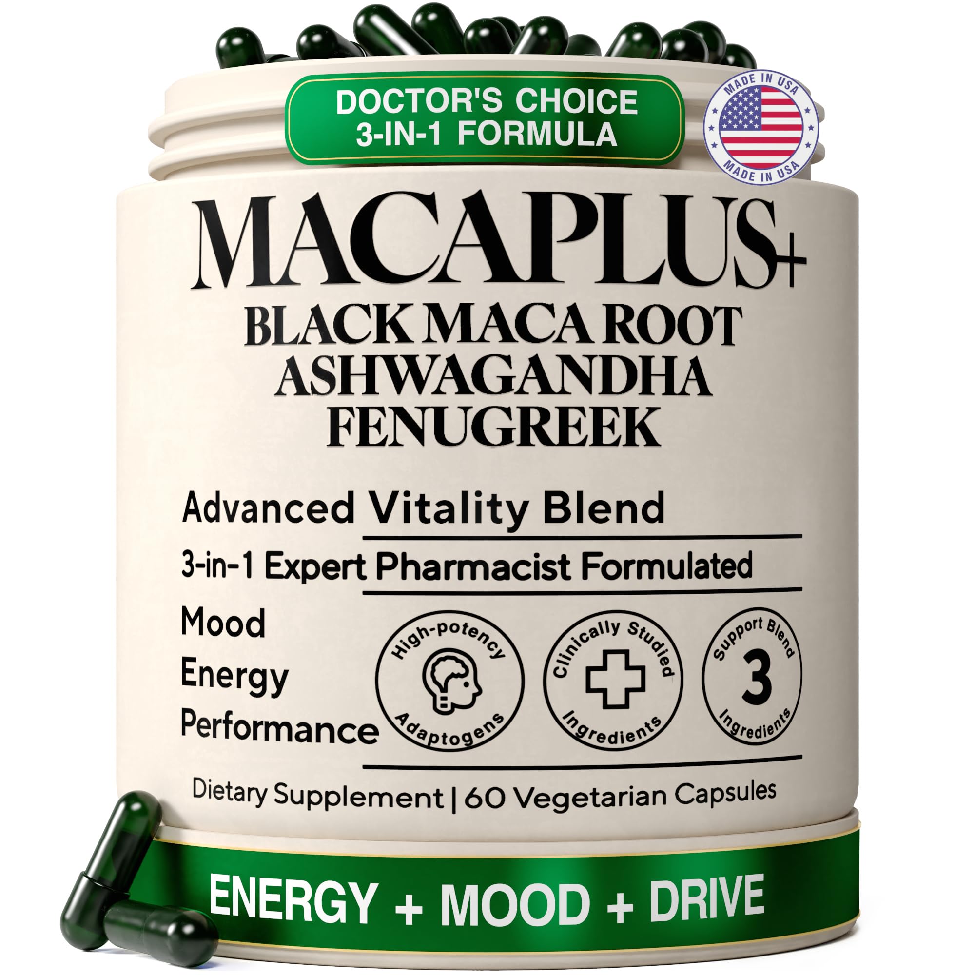 Maca Root Capsules for Men &amp; Women, Organic Black Maca 40:1 Extract, 60ct