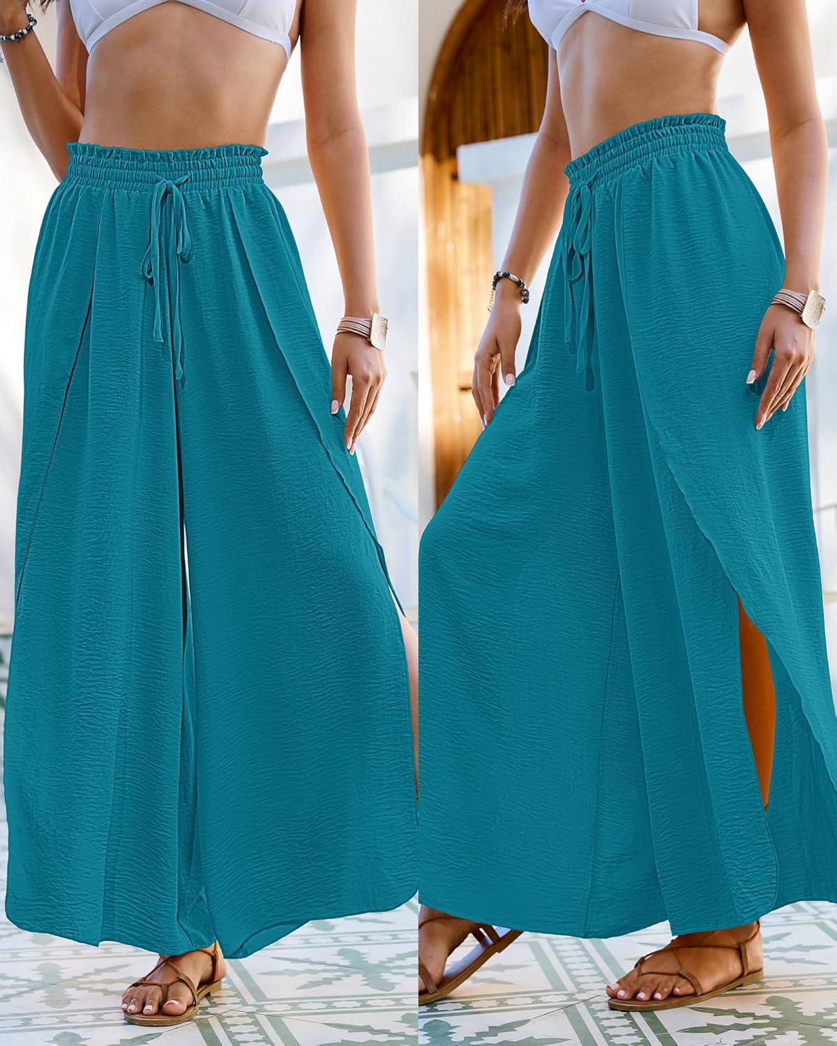 Bsubseach Cover Up Pants for Women 2025 Wide Leg Pants High Waisted Palazzo Beach Coverup Flowy Pant with Slits Trousers Peacock Blue - Image 7