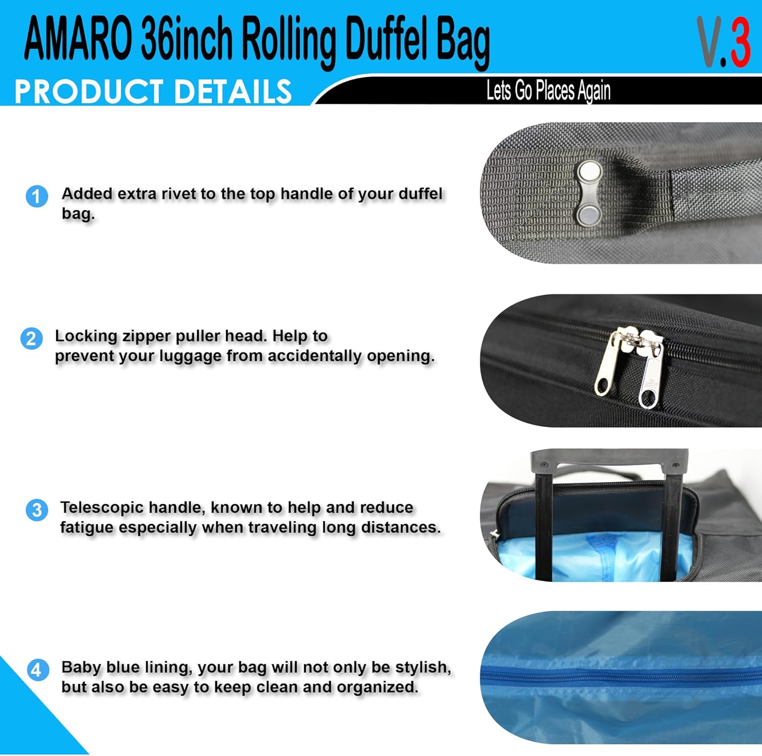 AMARO 36-Inch Rolling Duffle Bag with Wheels and Handle – Extra Large Travel Luggage with Multiple Compartments and Durable Polyester – Black/Grey - Image 5