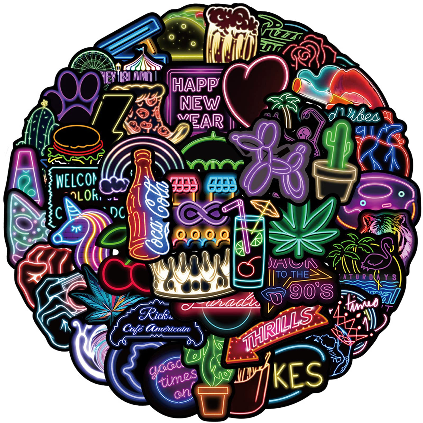 50Pcs Cool Neon Stickers Pack for Kids Teens Adults - Cute Water Bottle Stickers, Trendy Aesthetic for Laptop, Cup, Skateboard, Luggage