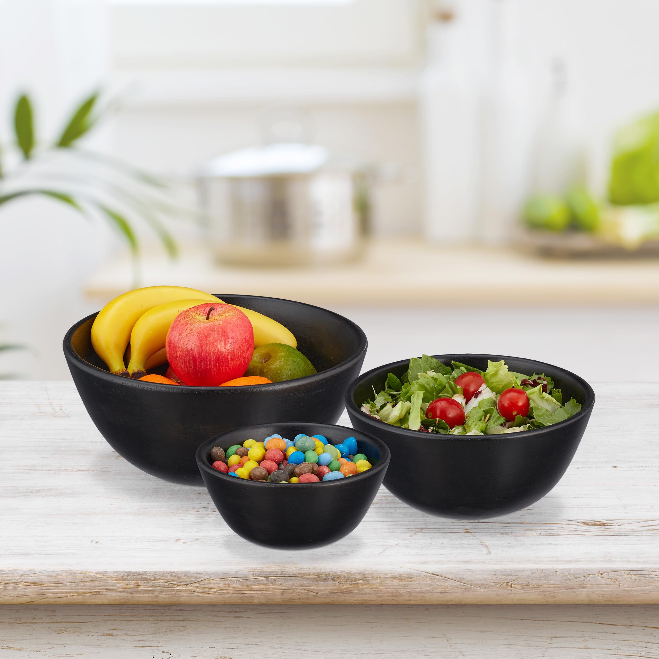 Relaxdays Juego de 3 Ensaladeras de Madera de Mango, Cuencos Redondos para Ensalada, Fruteros Ø 18, 23 y 29 cm, Negro