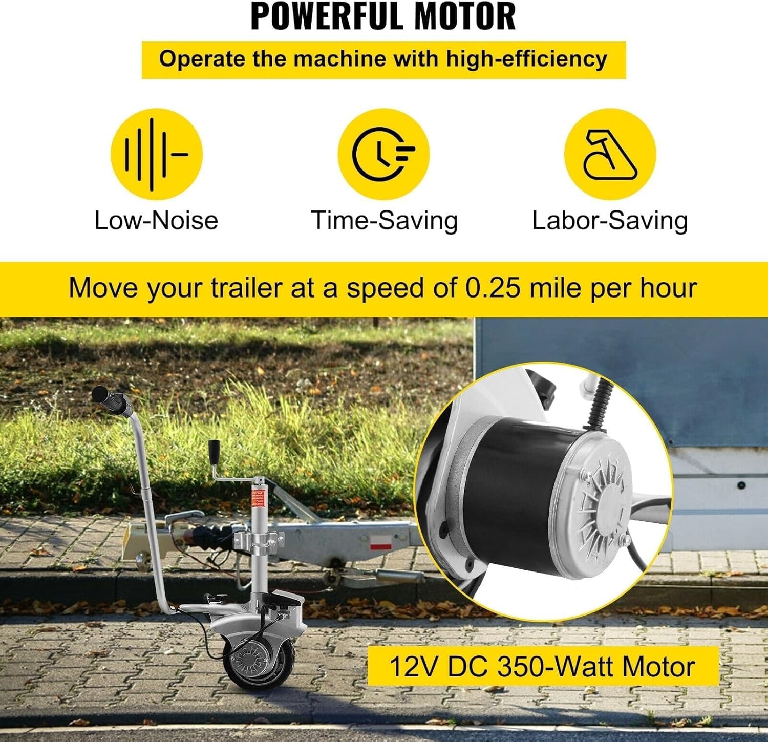 350W 12V Elektryczny Manewrowacz Przyczepy z Hamulcem Automatycznym, Zmotoryzowane Koło Podporowe do Przyczep Kempingowych i Łodziowych - Do 2270 kg, Koło 8 Cali, Obsługa Jednoosobowa