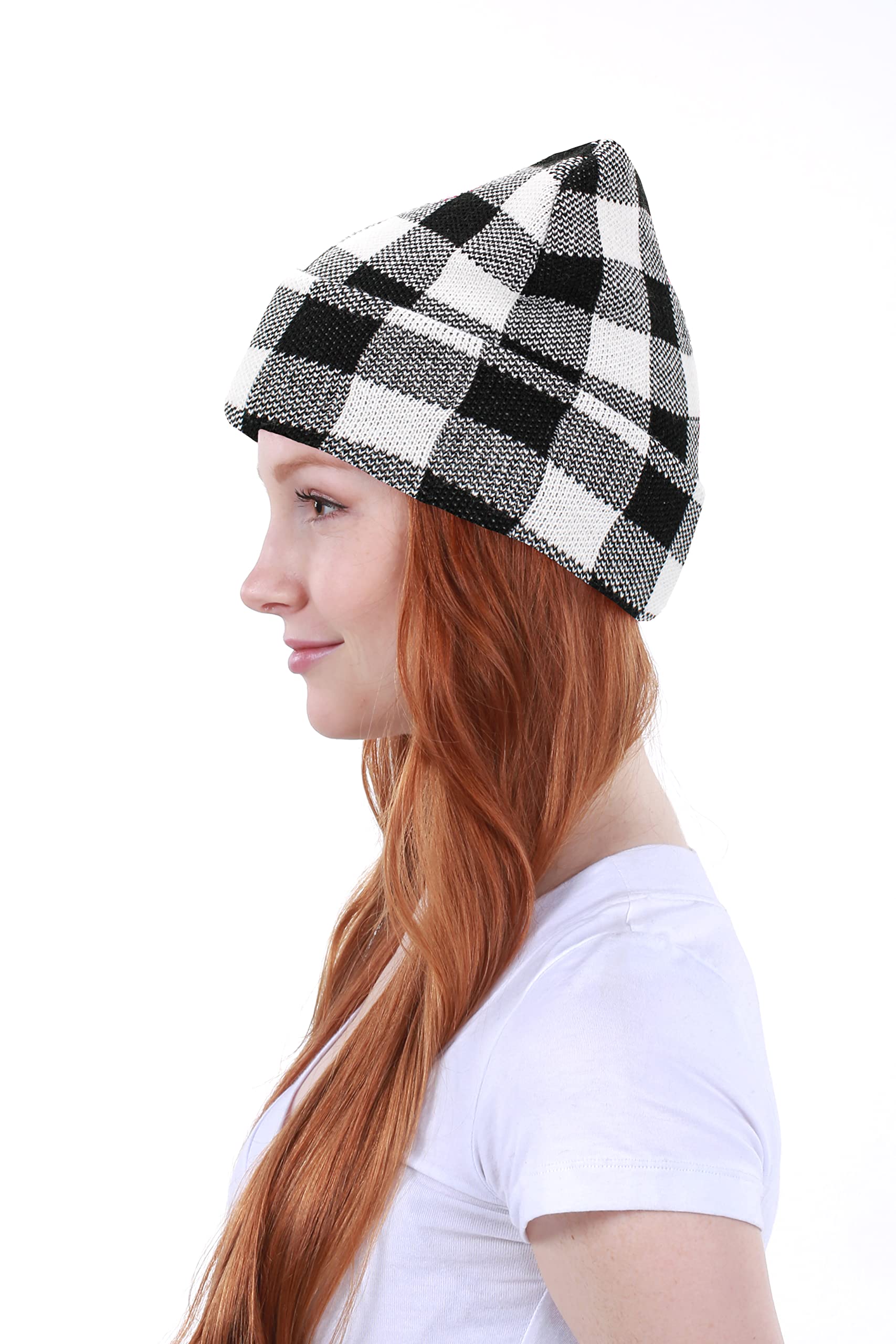 KBW-285 BLK-WHT Classic Men's Women's Cuffed Folded Acrylic Knit Beanie Hat Buffalo Plaid Solid Unisex Cold (One Size, Black White Buffalo Plaid)