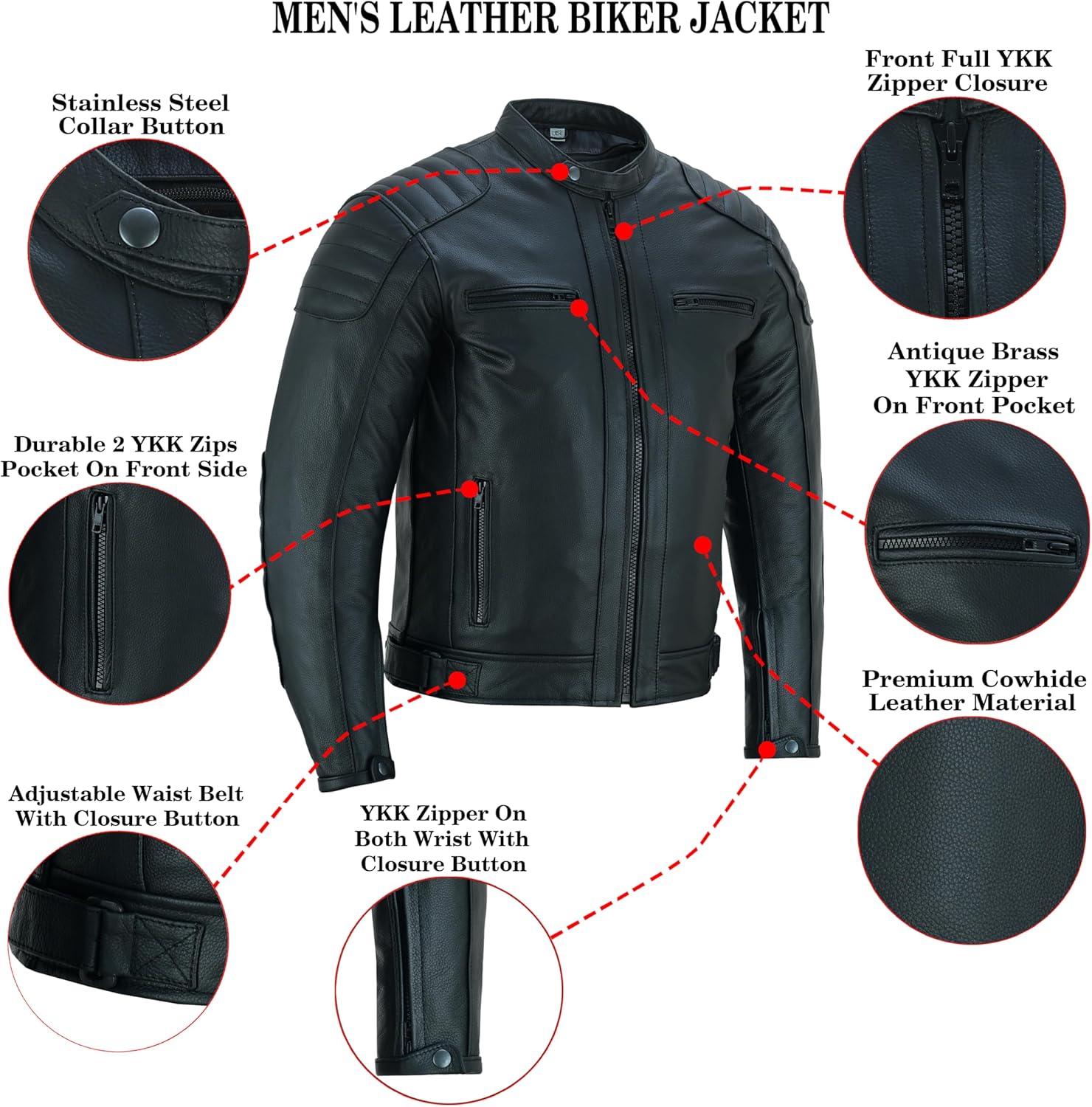 Men's Motorcycle Motorbike Cowhide Leather Jacket Distress Zip Up CE Approved Protection Jacket - Image 4