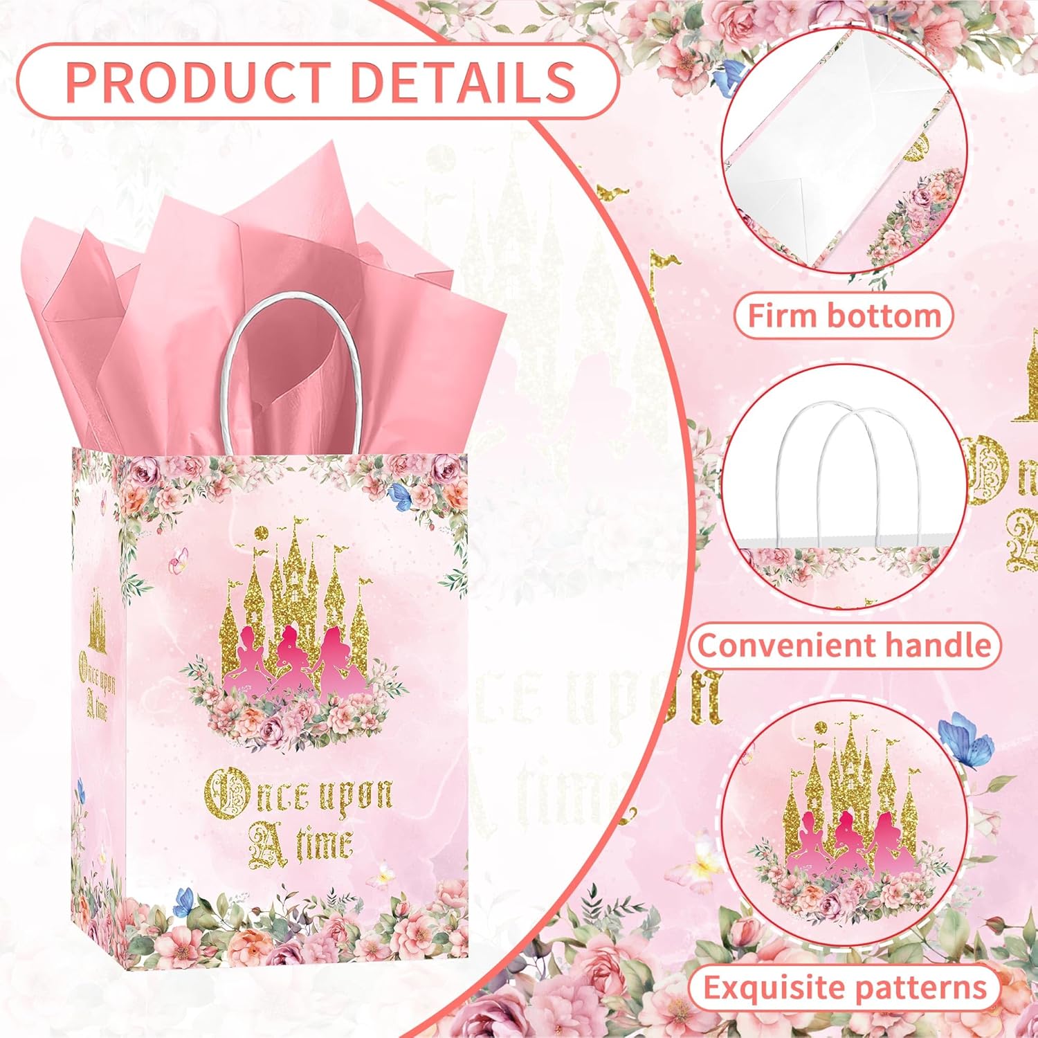 MOIZYNG 16 Pcs Once Upon a Time Princess Party Favor Bags, Pink Floral Gold Castle Goodie Snacks Candy Treat Gift Bag with Tissue Paper for Girls Birthday Wedding Fairytale Party Supplies Decorations - Image 4