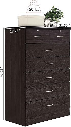 Miniatura 10 de Hodedah - Cómoda de 7 cajones HI70DR, con 2 cajones superiores con cerradura, color chocolate