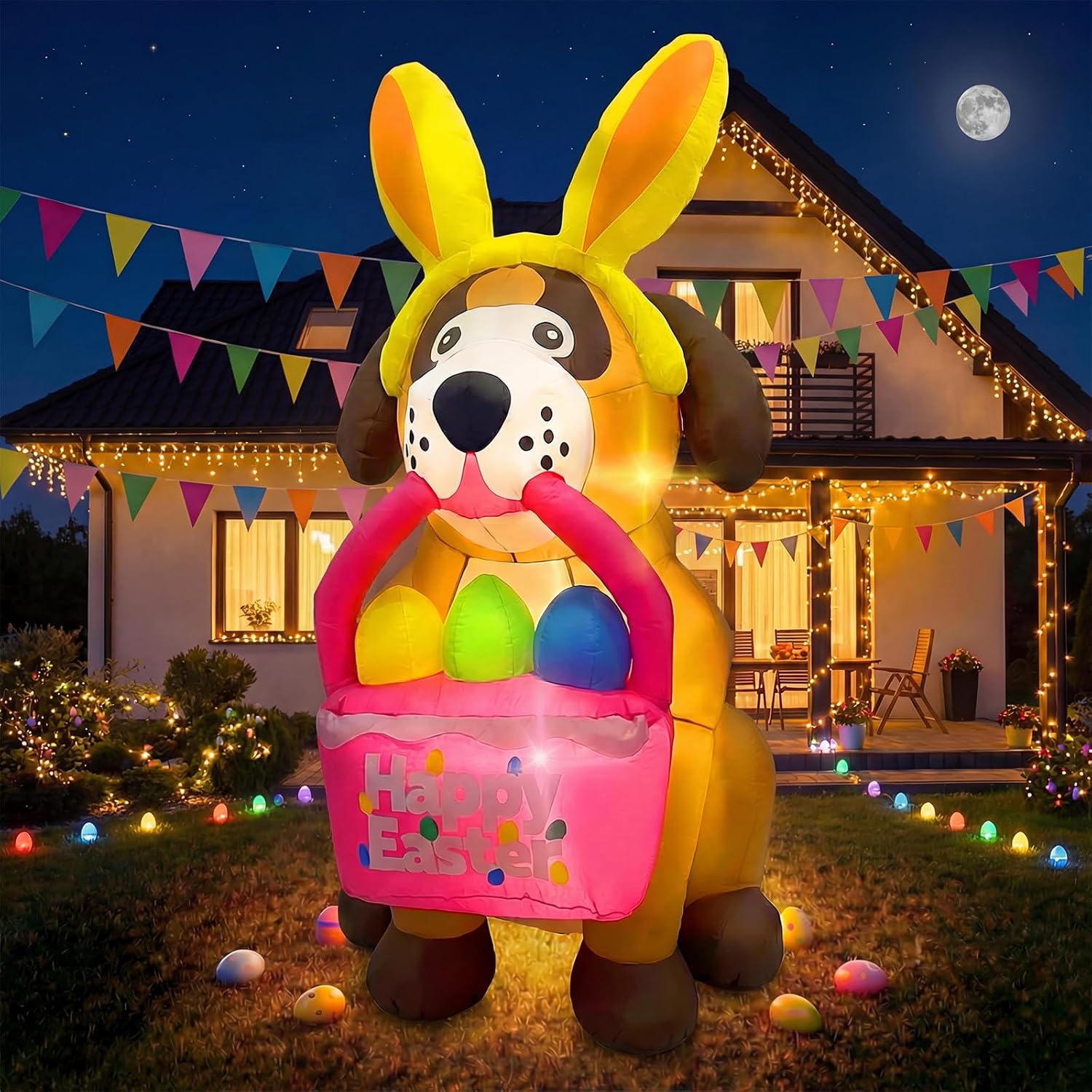 6 FT Easter Inflatables Dog Outdoor Decorations with Bunny Ears, Blow Up Easter Dog Holding Eggs Basket with Build-in LED Lights, Giant Spring Holiday Inflatable Yard Decor for Lawn Garden