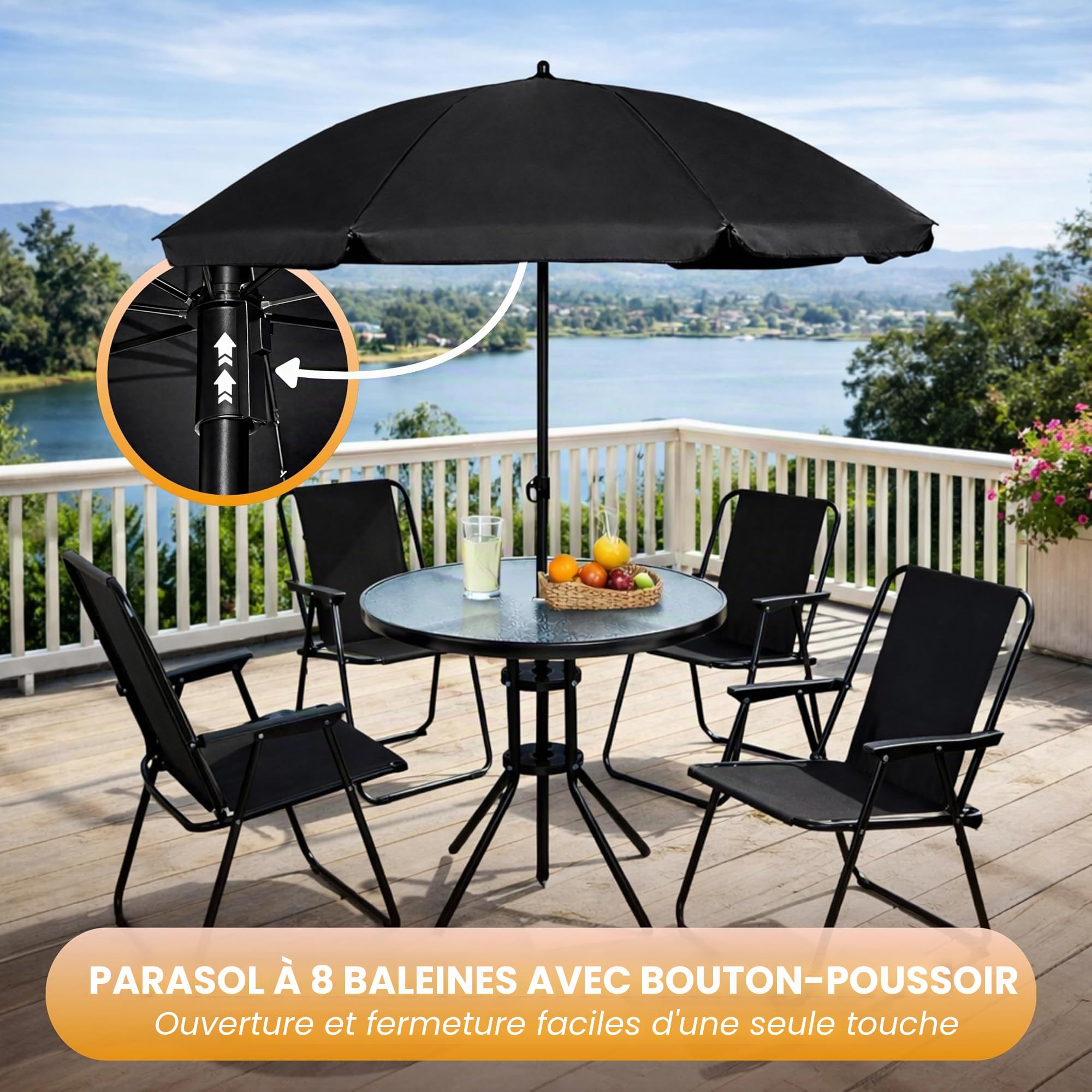Garden Mile Ensemble de salle à manger de jardin rond 4 places avec parasol, 4 chaises pliantes et table ronde en verre trempé pour jardin, patio ou véranda (noir)