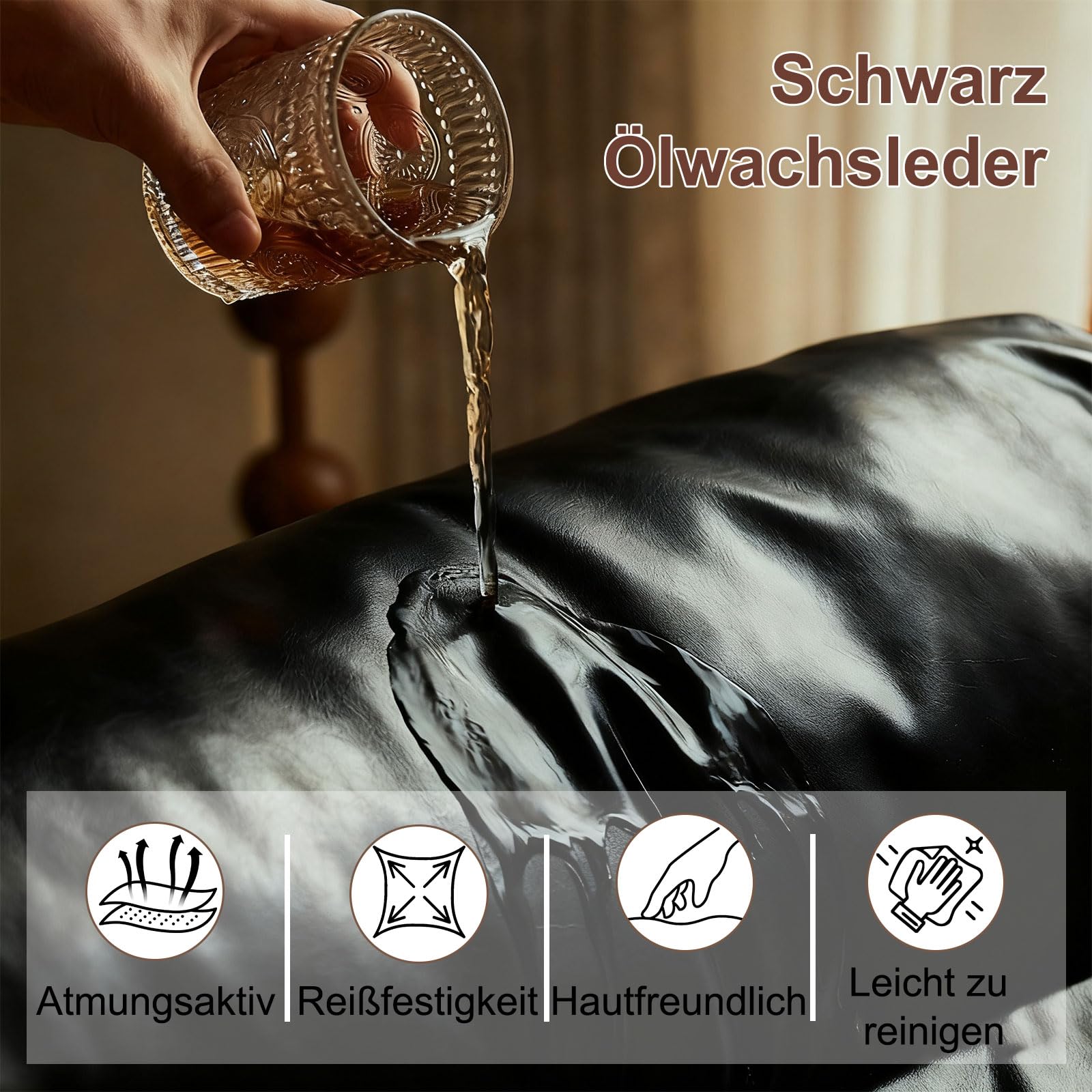 Mid-Century Retro Loungesessel, Ölwachsleder Gepolsterter Relaxsessel mit Massivholzrahmen, Ergonomischer Einzelsofa mit Armlehnen, Bequemer Lazy Sofa Sessel fürs Wohnzimmer Schlafzimmer Schwarz 120kg