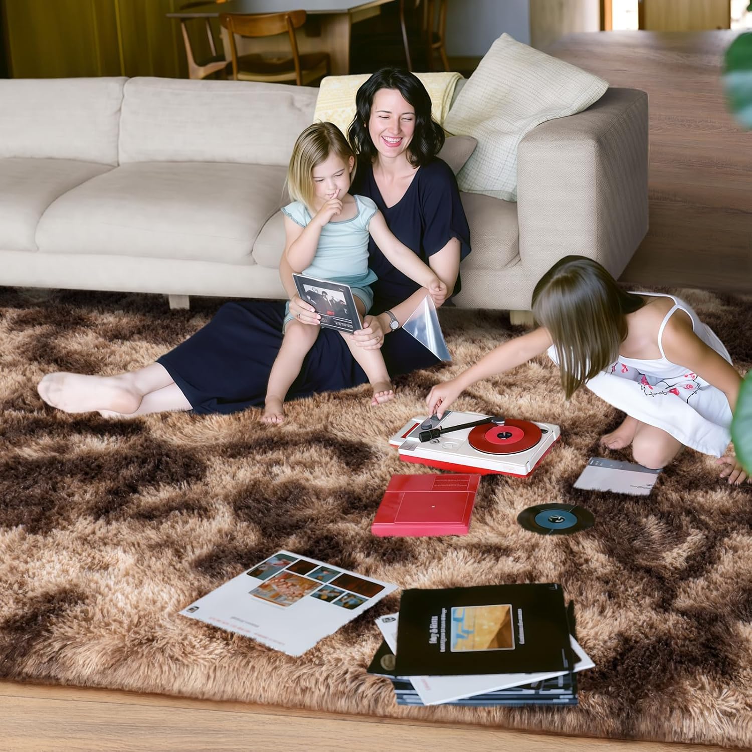 Large Area Rugs 9x12 Living Room, Ultra Fluffy Fuzzy Shag Rug for Bedroom, Modern Plush Soft High Pile Upgrade Non-Slip Carpet for Kids Girls and Boys Room Decor, Tie-Dyed Brown