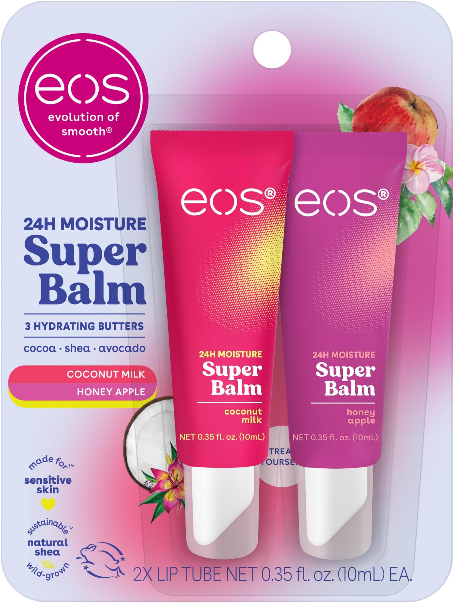 eos 24H Moisture Super Balm- Coconut Milk & Honey Apple, Lip Mask, Day or Night Lip Treatment, Made for Sensitive Skin, 0.35 fl oz, 2-Pack