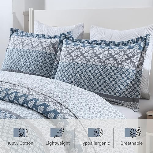 Vista 67 de PERHOM Juego de edredón tamaño Queen – Juego de ropa de cama 100% algodón, colcha ligera reversible de retazos florales para cama Queen, gris Gris