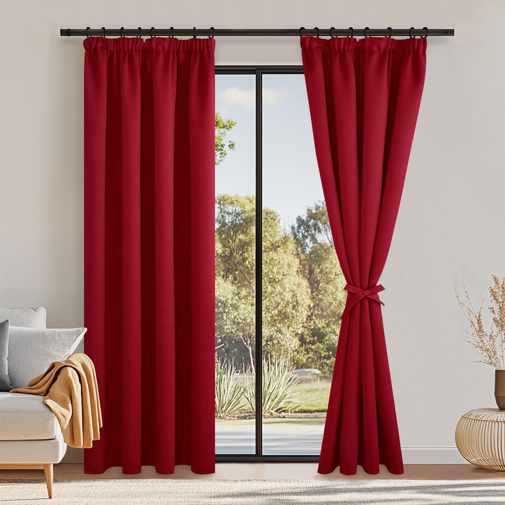 DWCN Wide Curtains with Tiebacks Blackout Curtains Pencil Pleat for Bedroom Thermal Insulated Curtains for Living Room 66 x 72 inch Length, Red, 2 Panels