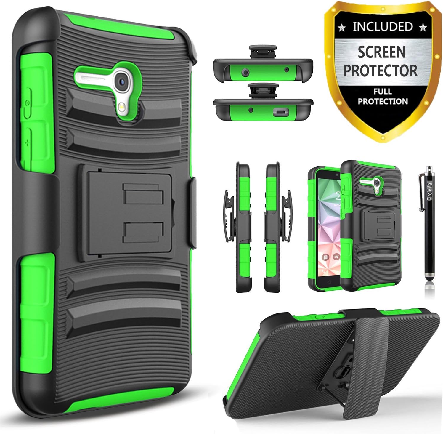 Alcatel OneTouch Fierce XL Case, Alcatel Flint Case, Alcatel Pixi Glory 4G LTE Case, Circlemalls [Combo Holster] with Built-in Kickstand Locking Belt Clip + Stylus Pen +[ HD Screen Protector] Green
