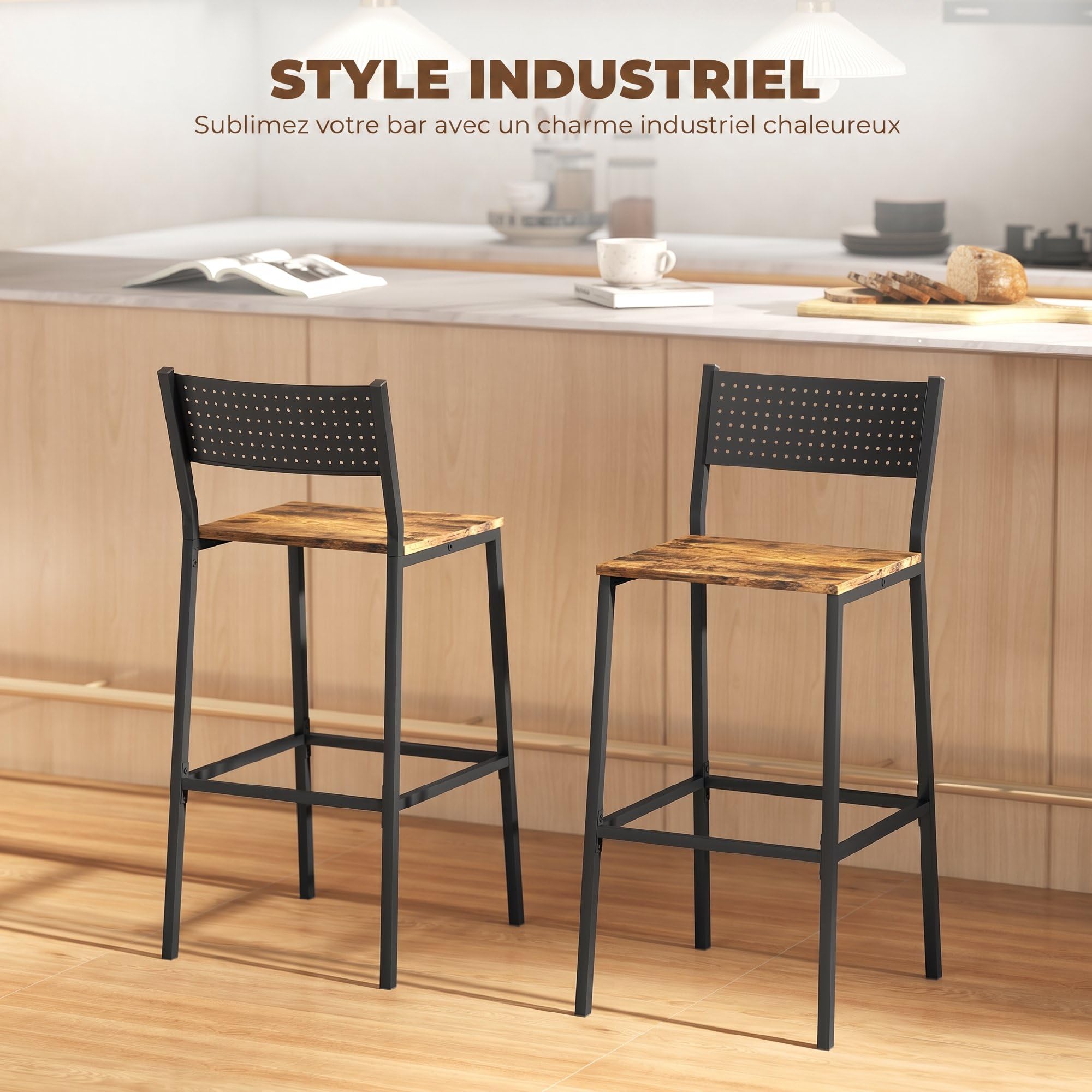 HOMCOM Lot de 2 tabourets de Bar, Assise 72,5H cm, Dossier, Brun Rustique