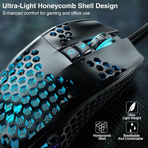 Miniatura 4 de SOLAKAKA Ratón RGB para juegos con cable con carcasa de panal ajustable 12800 DPI 7 botones programables mouse ergonómico para juegos ligeros para