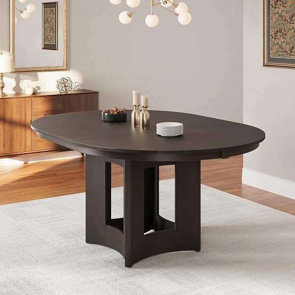 LUMISOL Round Dining Table for 6, 42-54 Extendable Dining Table with a 12 Inch Leaf, Retro Functional Kitchen Table, Sol