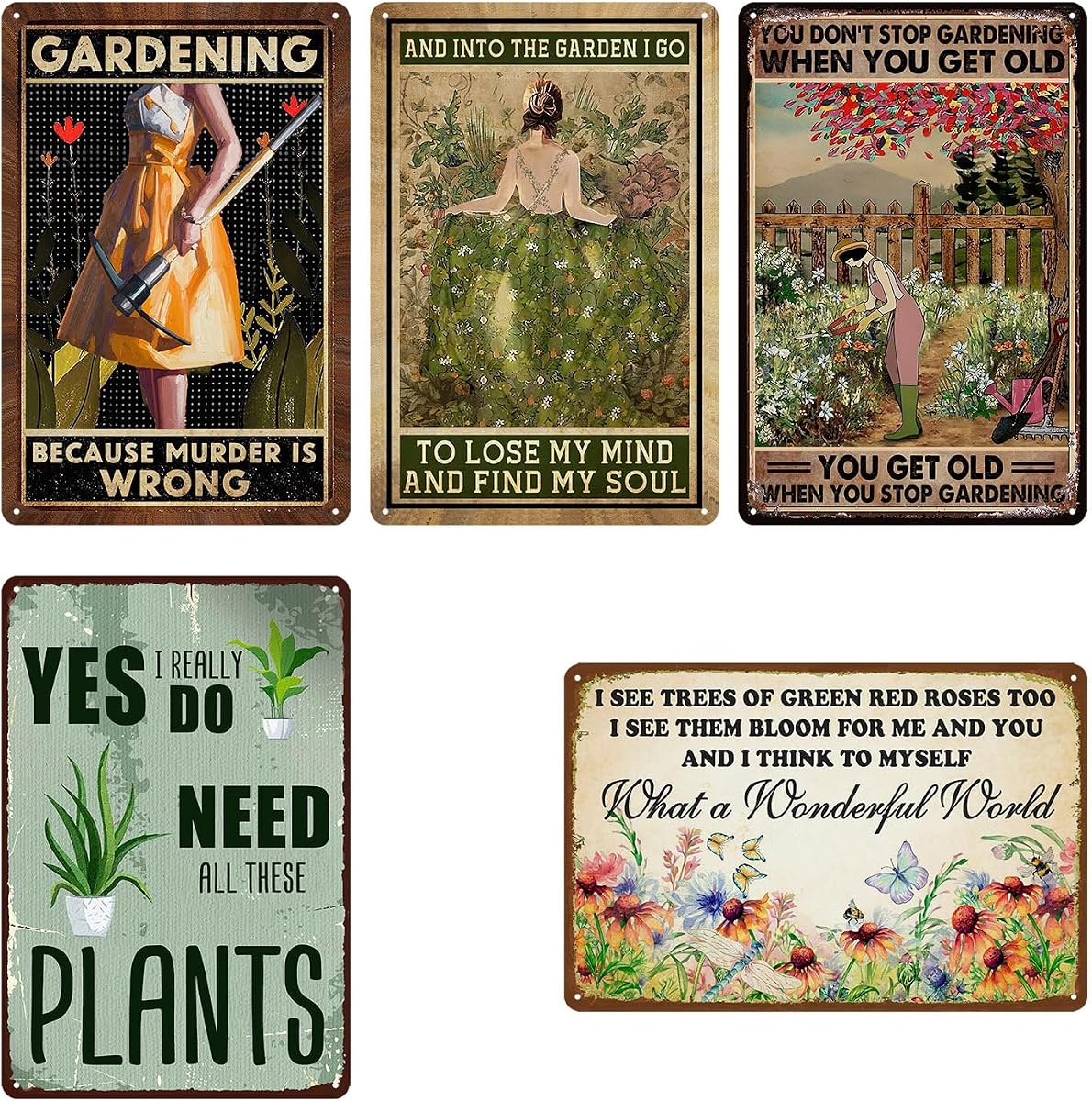 Paquete de 5 letreros de jardín, letreros de metal vintage para exteriores, letreros de jardín, regalos decorativos para amantes de las plantas al aire libre, regalo de jardinería para mujeres, letrero de patio, decoración de jardinería divertida, 12x8 pulgadas