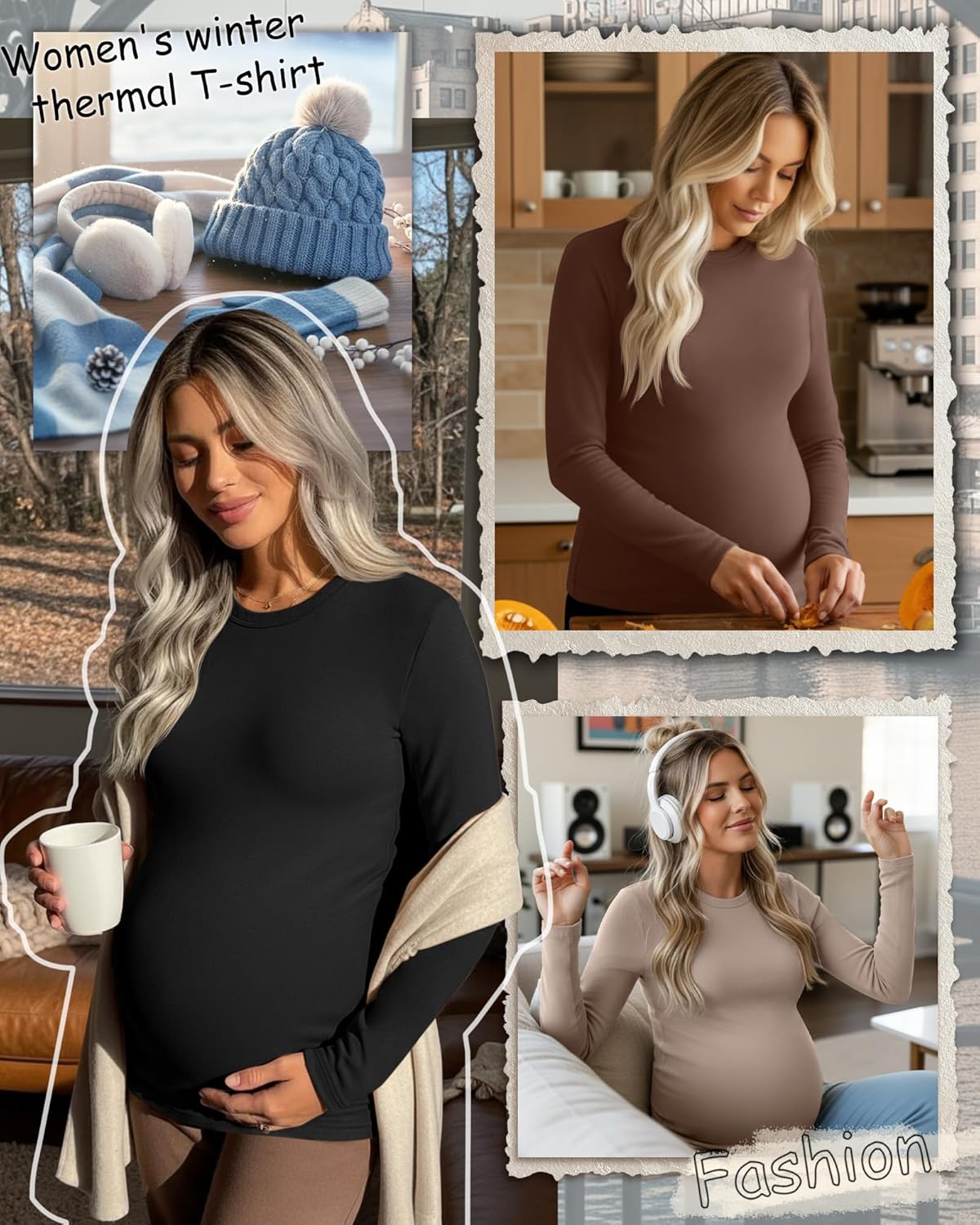 3 Pack Women's Thermal Maternity Shirts Long Sleeve Fleece Pregnancy Layering Top Crew Neck Base Layer Mama Clothes