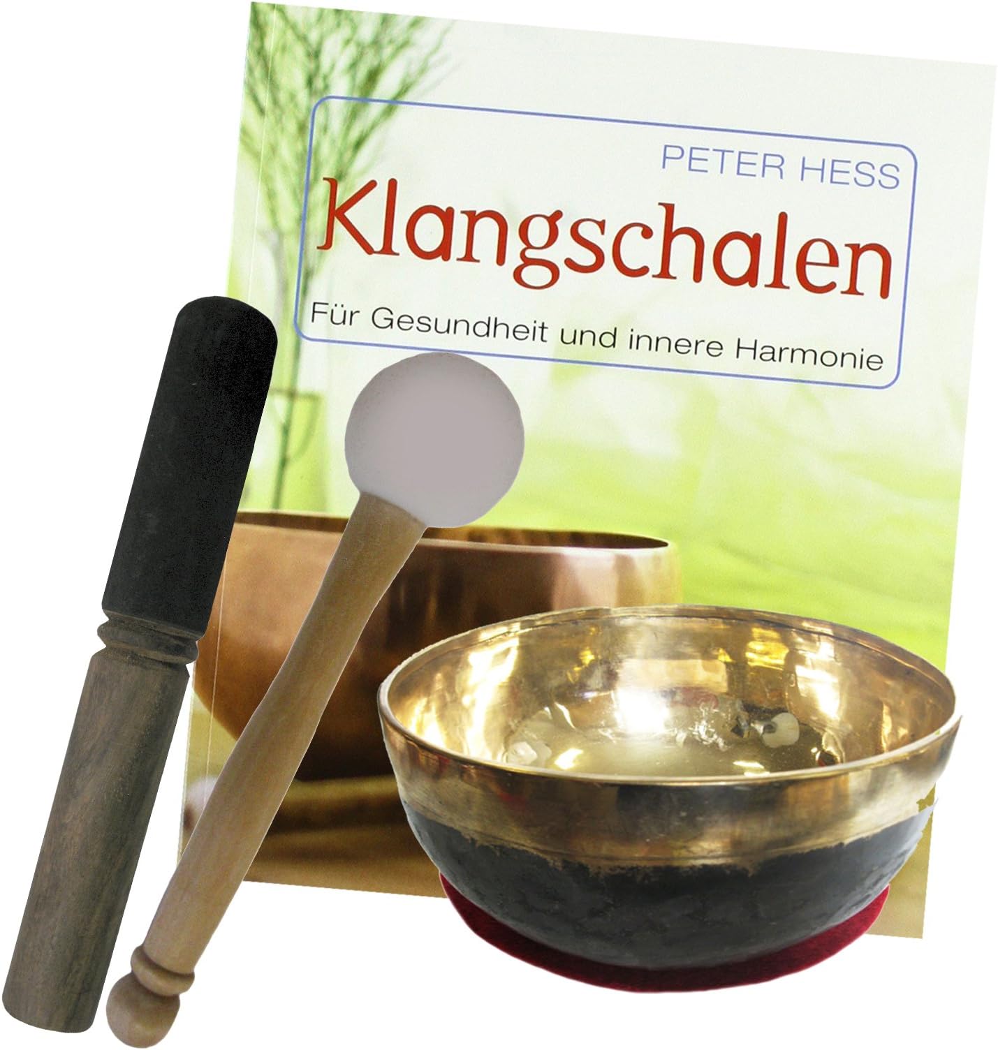 Peter Hess Singing Bowl Bengali 4-Piece Set with Book. Gold/Black Bengali Therapy Singing Bowl Head | Approx. 300-400 g Approx. 10-12 cm Diameter # 70178 Sound Therapy Set with Cushions – Wooden Leather Beater and Book: Singing Bowl for the health and Inner Harmony.