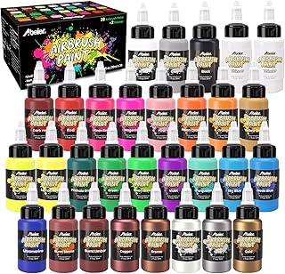 ABEIER Airbrush Paint, 28 Colors x 1oz (30ml) with 2 Thinner, Ready to Spray, Non-Toxic, Water-Based Acrylic Airbrush Paint Set for Metal, Models