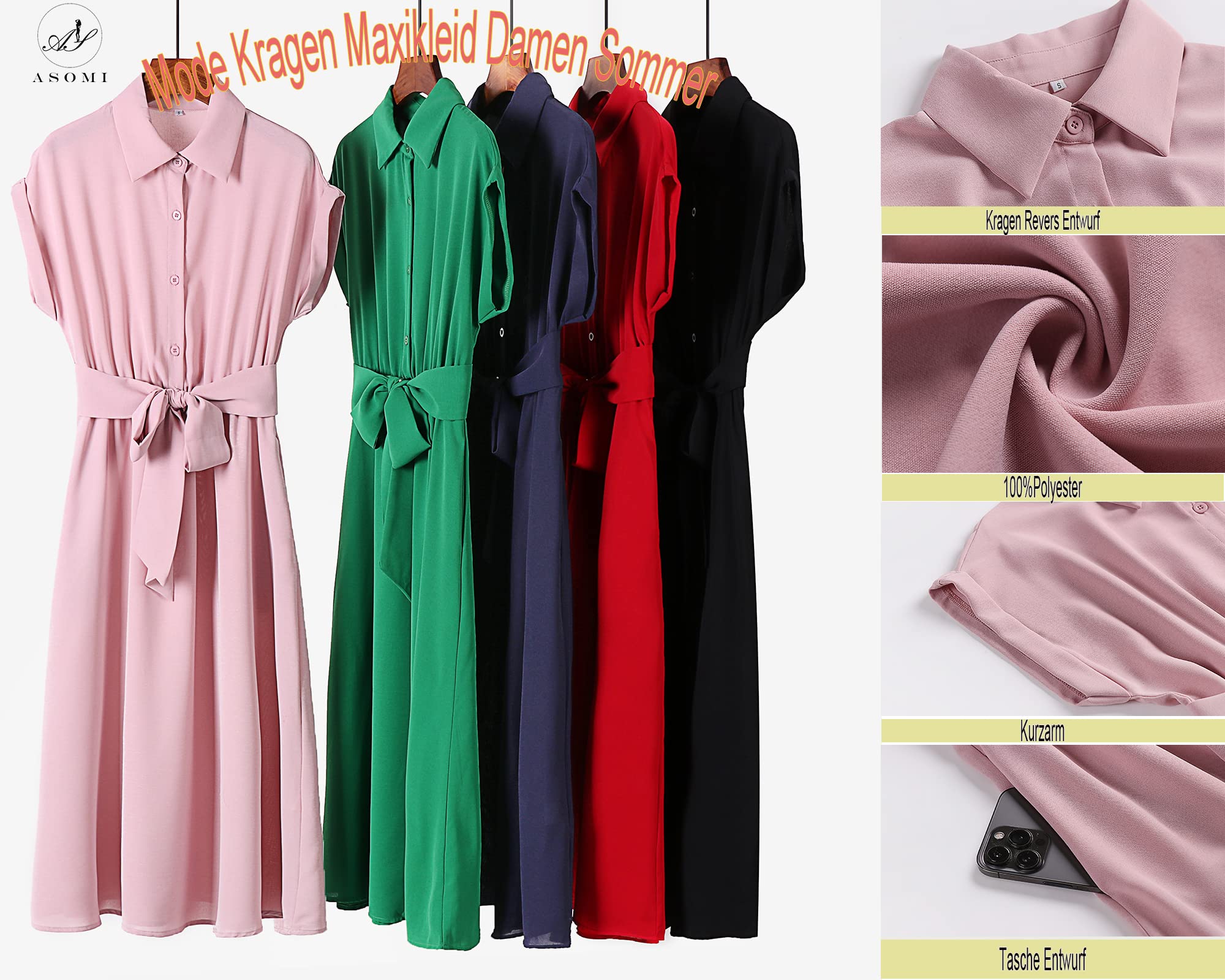 ASOMI Robe d'été pour femme, robe de cocktail, robe de plage, décontractée à manches courtes, col en V, robe midi avec ceinture, bouton de poche, bleu marine, S
