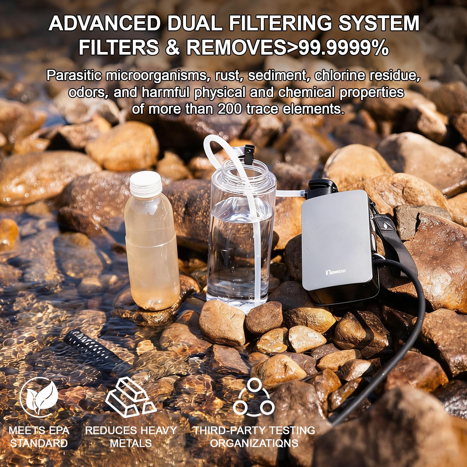 Bomba de filtro de agua eléctrica portátil, purificador de agua de 0.01 micras, sistema de filtración de agua de supervivencia para senderismo, camping, viajes y emergencias.