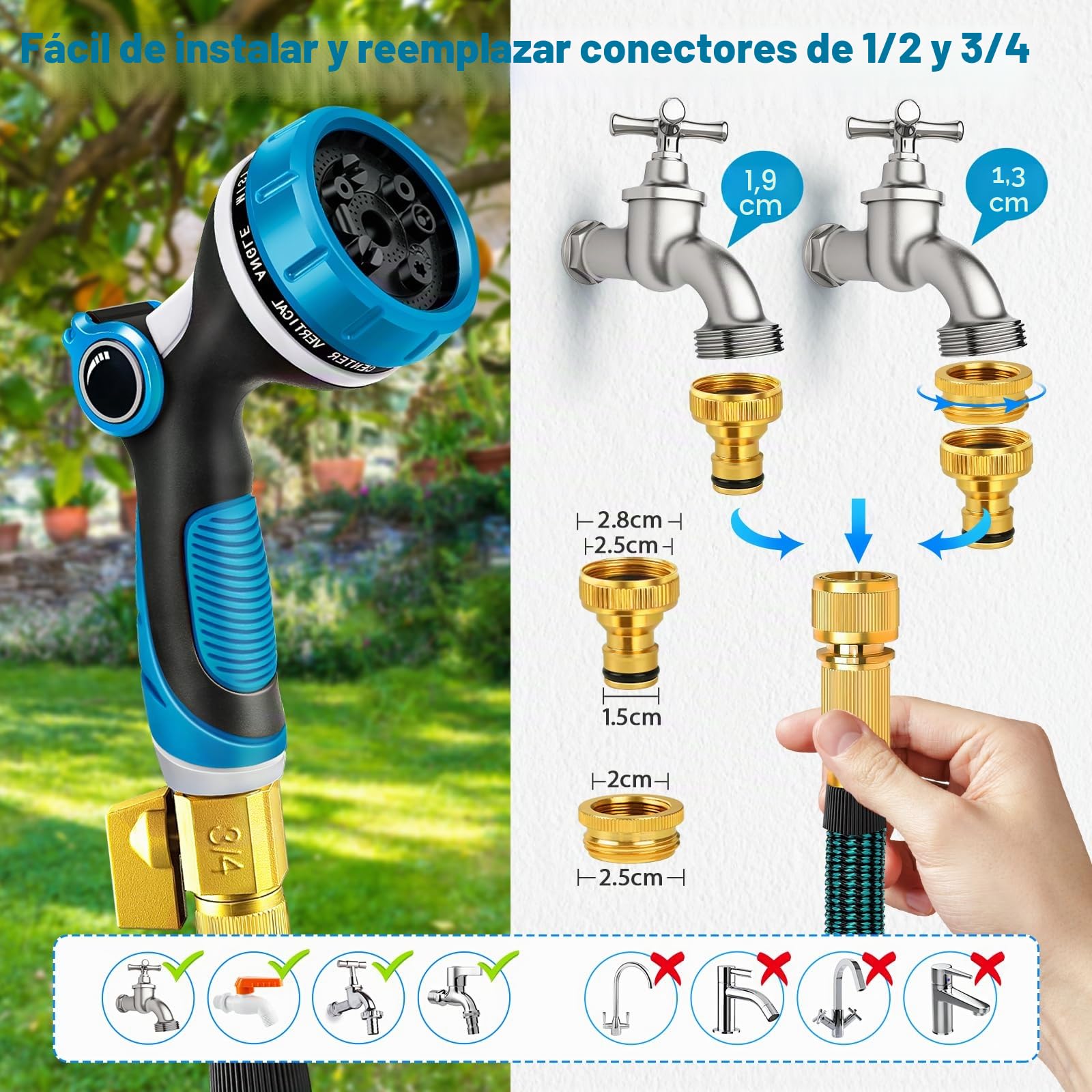 Manguera Jardin, Manguera Extensible 45 metros con Conector de Latón de 3/4'&1/2', Mangueras de Jardín Flexible con Boquilla Pulverizadora de 10 Funciones, Garden Hose para Jardín y Terraza(45M)