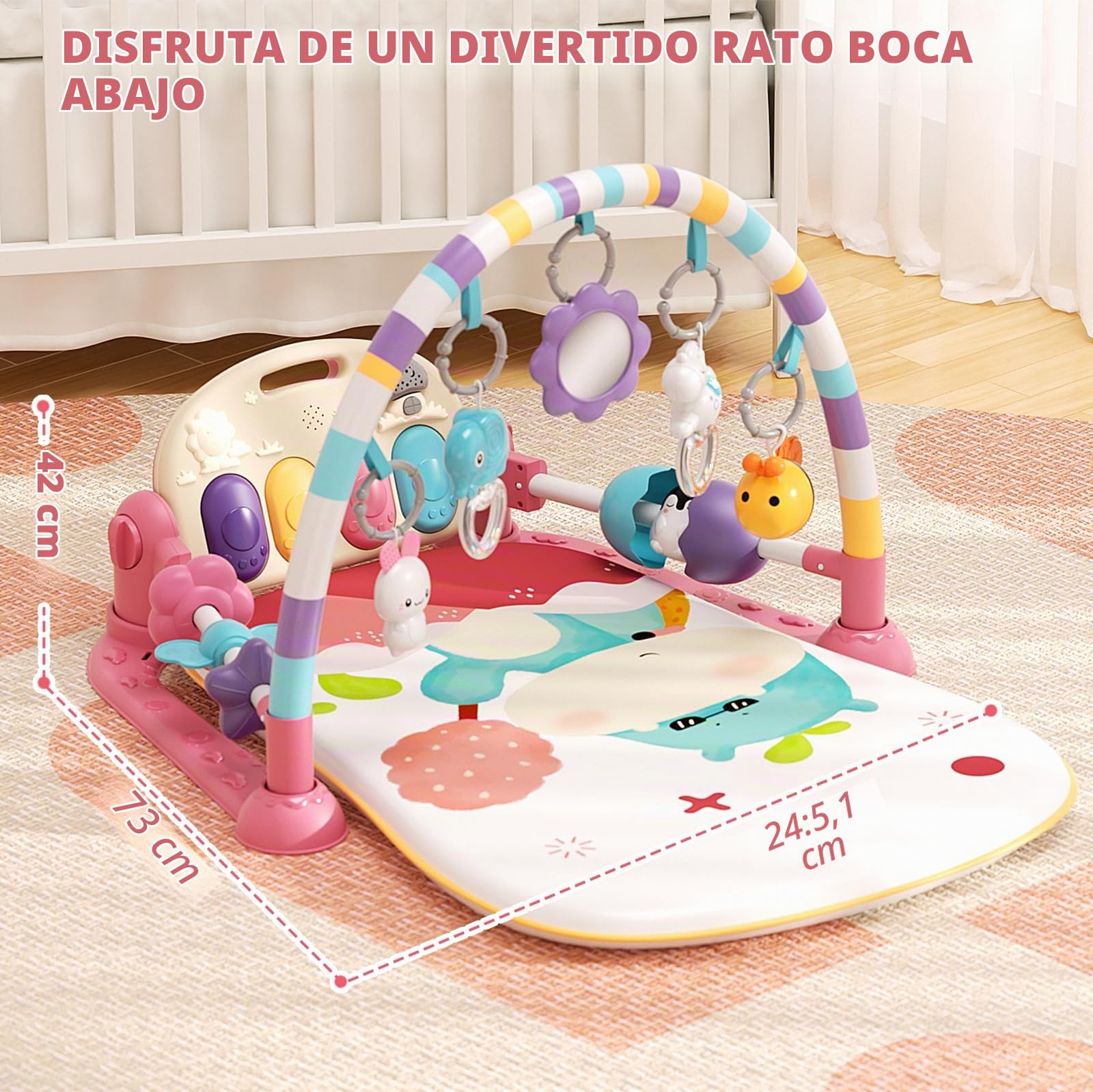 Gimnasio De Juegos Para Bebe con Piano, Alfombra de Gateo con Luces y Sonidos, Manta de Juego con Arco de Juego y 5 Juguetes Extraíbles para Bebés, Alfombrilla de Fitness Kick Piano para 0-36 Meses