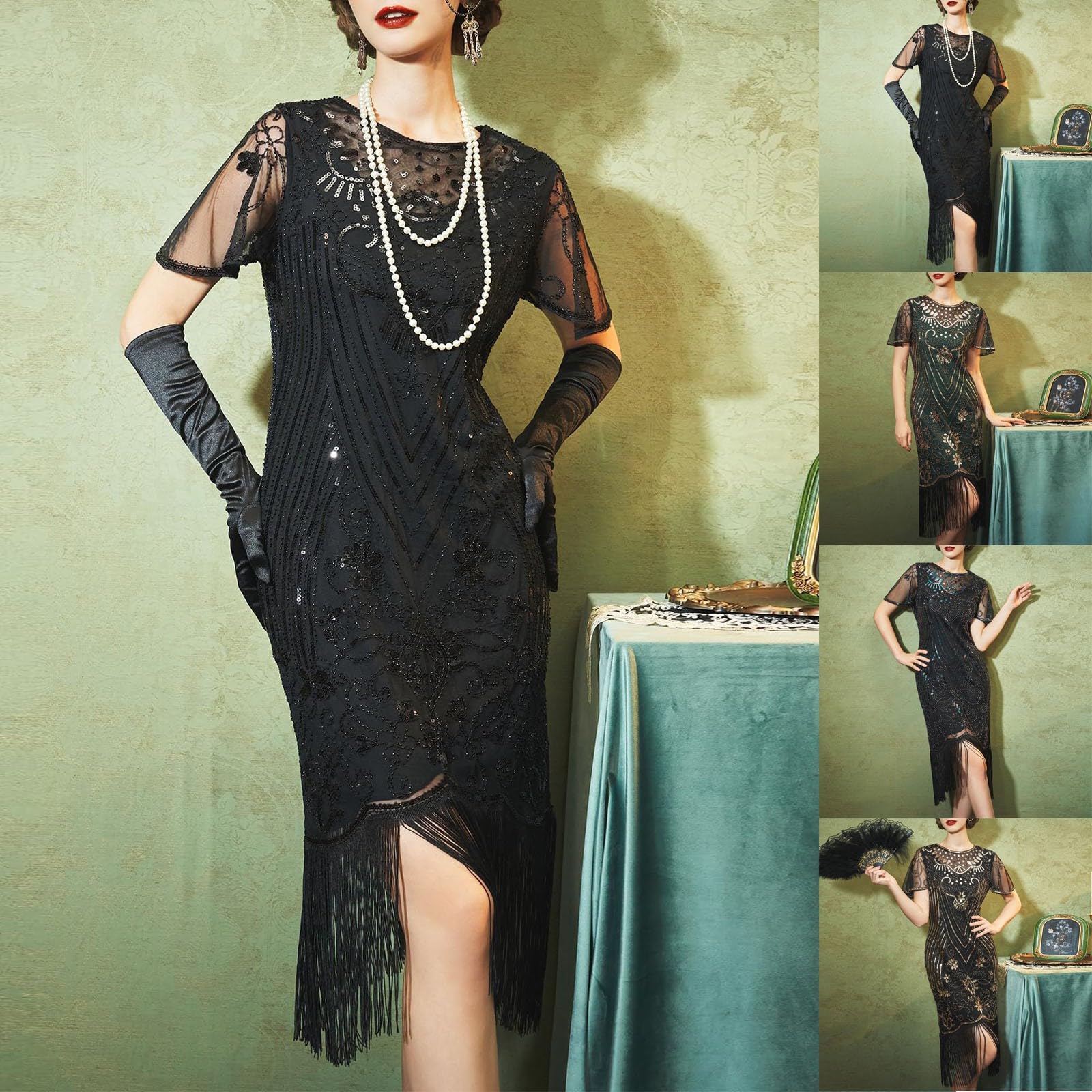 Generisch Robes années 1920 pour femme - Robe à franges et paillettes - Élégante robe de cocktail vintage - Robe en maille surdimensionnée pour fête Gatsby