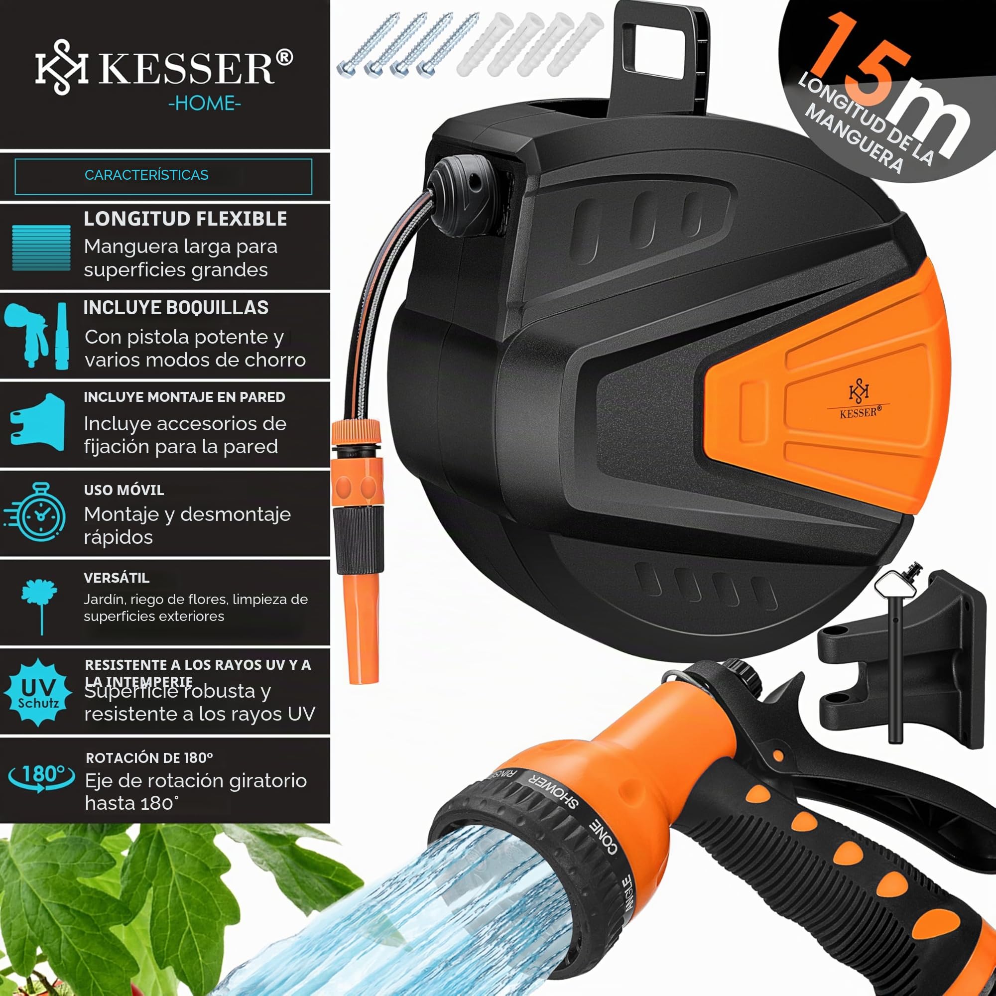 KESSER® Enrollador de mangueras Agua | Ducha de mano múltiple | Giratorio 180° | Tapón de rebobinado | Montaje en la pared | Caja de mangueras de pared | Manguera de jardín, naranja 15 M