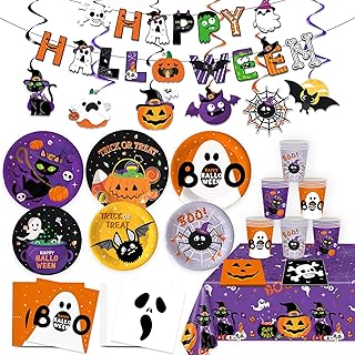 Halloween Themed Party Supplies for Boys Girls Kids Halloween Cartoon Decoration Tableware Set with Tablecloth and Banner Hanging Swirl Dessert Plates Napkins Cups Set for 30 Guests