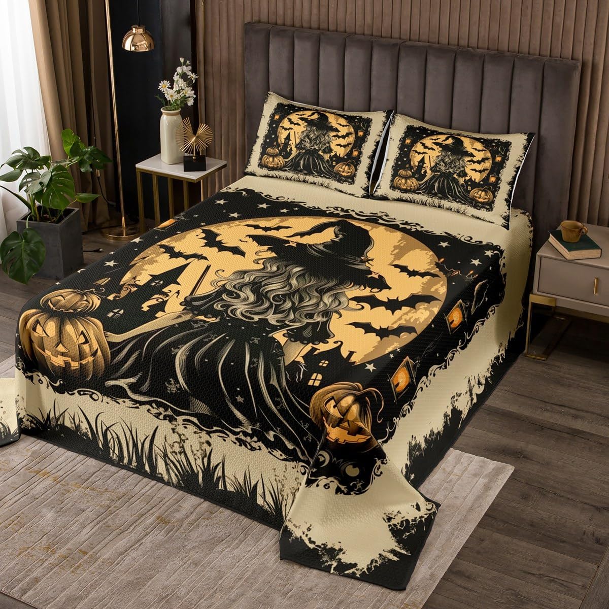 Manfei Witch Princess Kids Bedspread Queen Size,Moonnight Jungle Flowers Psychedelic Coverlet Set,Girls Women Room Decor,Gothic Halloween Theme Quilted Coverlet,Black Bedding Quilt,2 Pillowcases