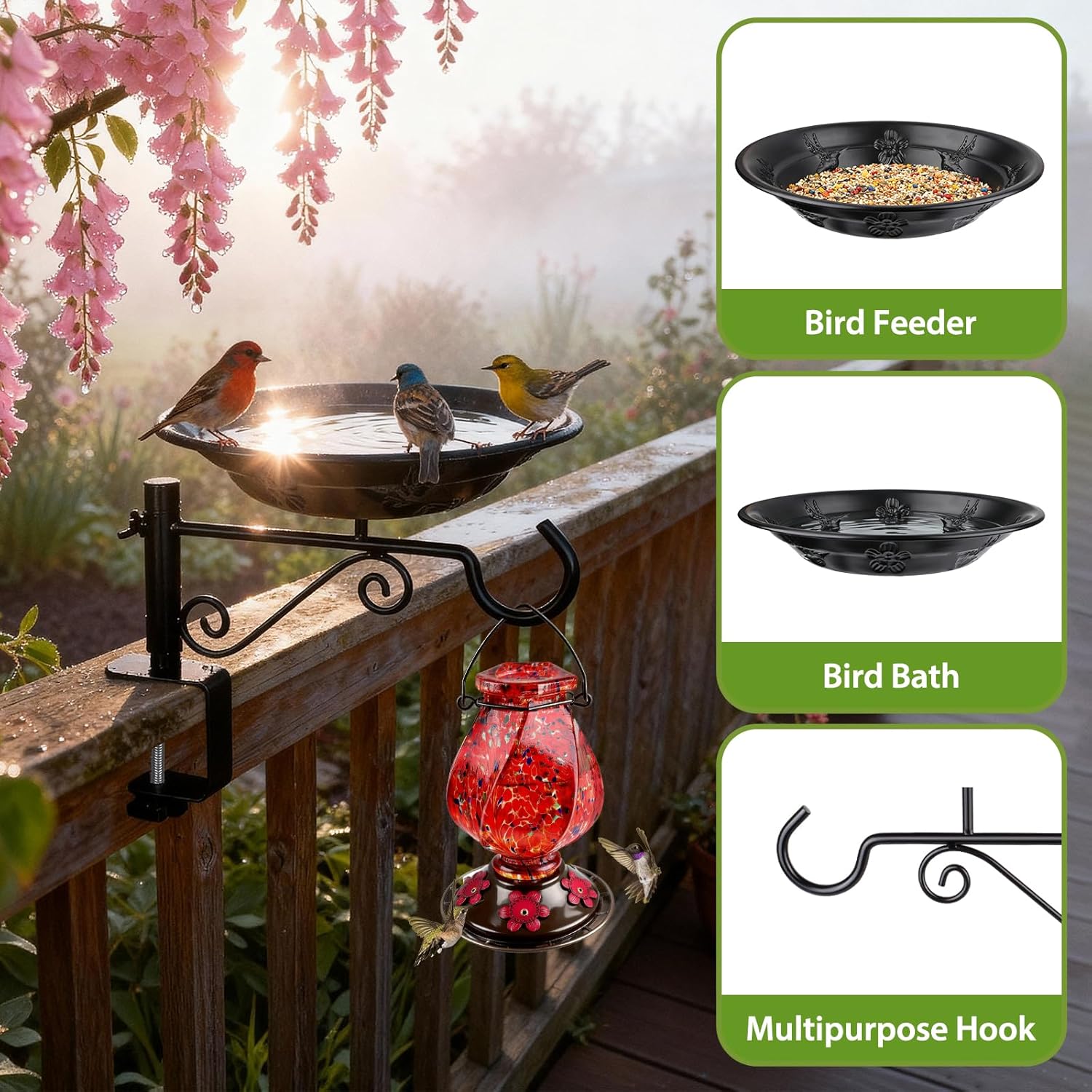 Balcony Bird Feeder, BOLITE Hanging Bird Bath Outdoors Deck Mounted with Garden Decorative Hook for Hanging Planters, Lanterns, Wind Chimes, Gifts for Women Men