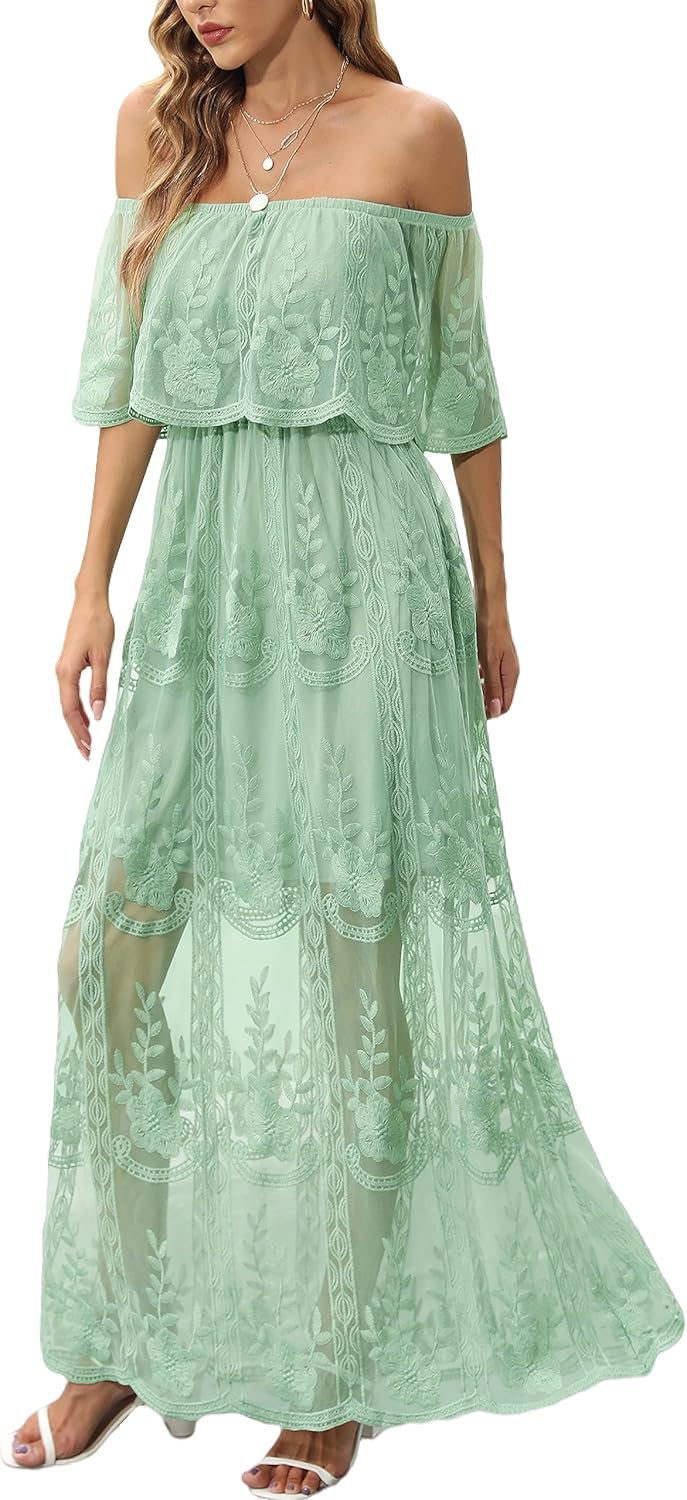 Women's Casual Off The Shoulder Ruffle Midi Dress Boho Flowy Tiered Wedding Bridesmaid Party A-Line Long Dresses