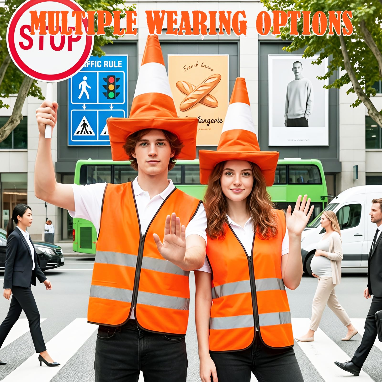 Kyndara 2Pcs Traffic Cone Costume Set for Adult, Unisex Traffic Cone Outfit Accessory Kit with Reflective Visibility Vest Hat for Halloween World Book Day Party Cosplay - Image 4