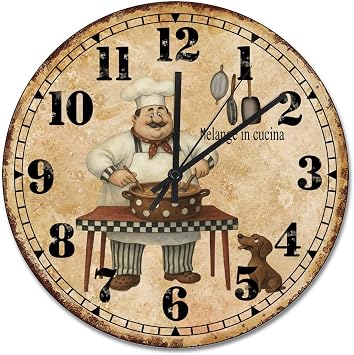 ArogGeld Chef Kitchen Wall Clock Vintage Chef Large Wooden Wall Clock Battery Operated 15 Inch Silent Non-Ticking Modern Boho Living Room Decor Gift for Man Woman Friend Anniversary Clock