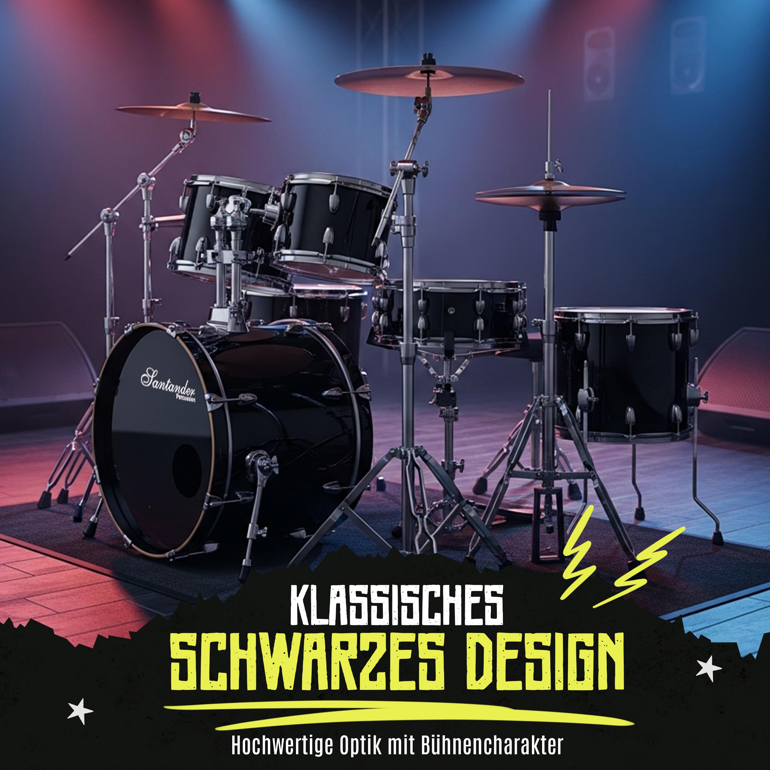 Santander Schlagzeug Set 9-teilig schwarz – Musik-Lern-Instrumentenset für Anfänger, Jugendliche & Schüler – mit Becken, Ständer, Hocker, Snaredrum, Bassdrum, Toms - in Hochglanz schwarz