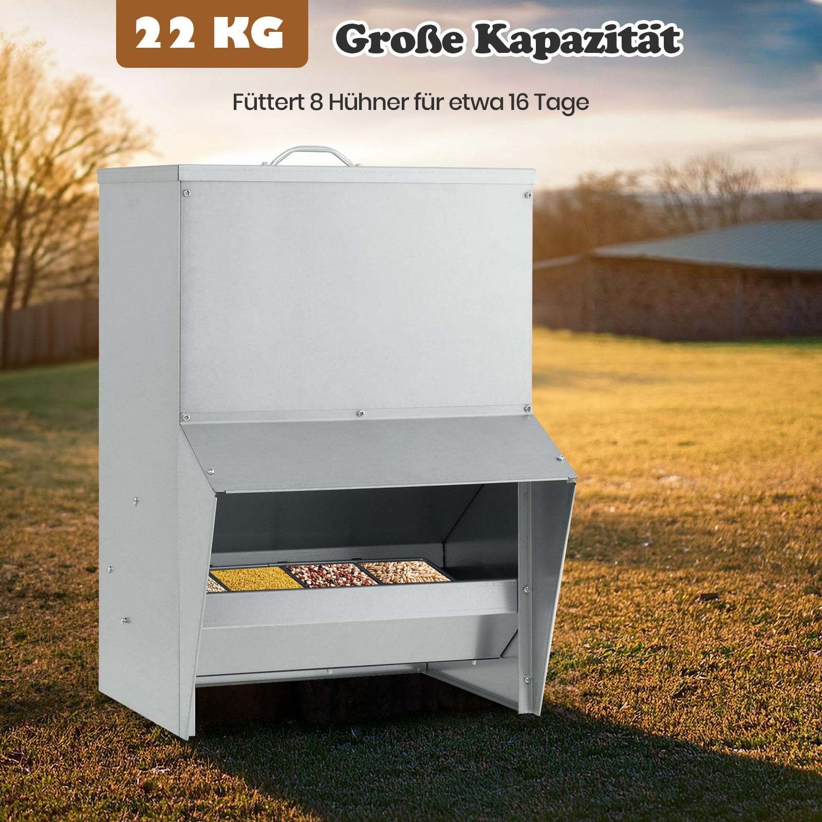 GYMAX Comedero para Pollos Galvanizado, Alimentador de Aves de Corral con Capacidad de 22 KG, Tapa, Marquesina, Dispensador de Alimentos, Comedero Semicerrado Montado en Pared para Pollos, Patos
