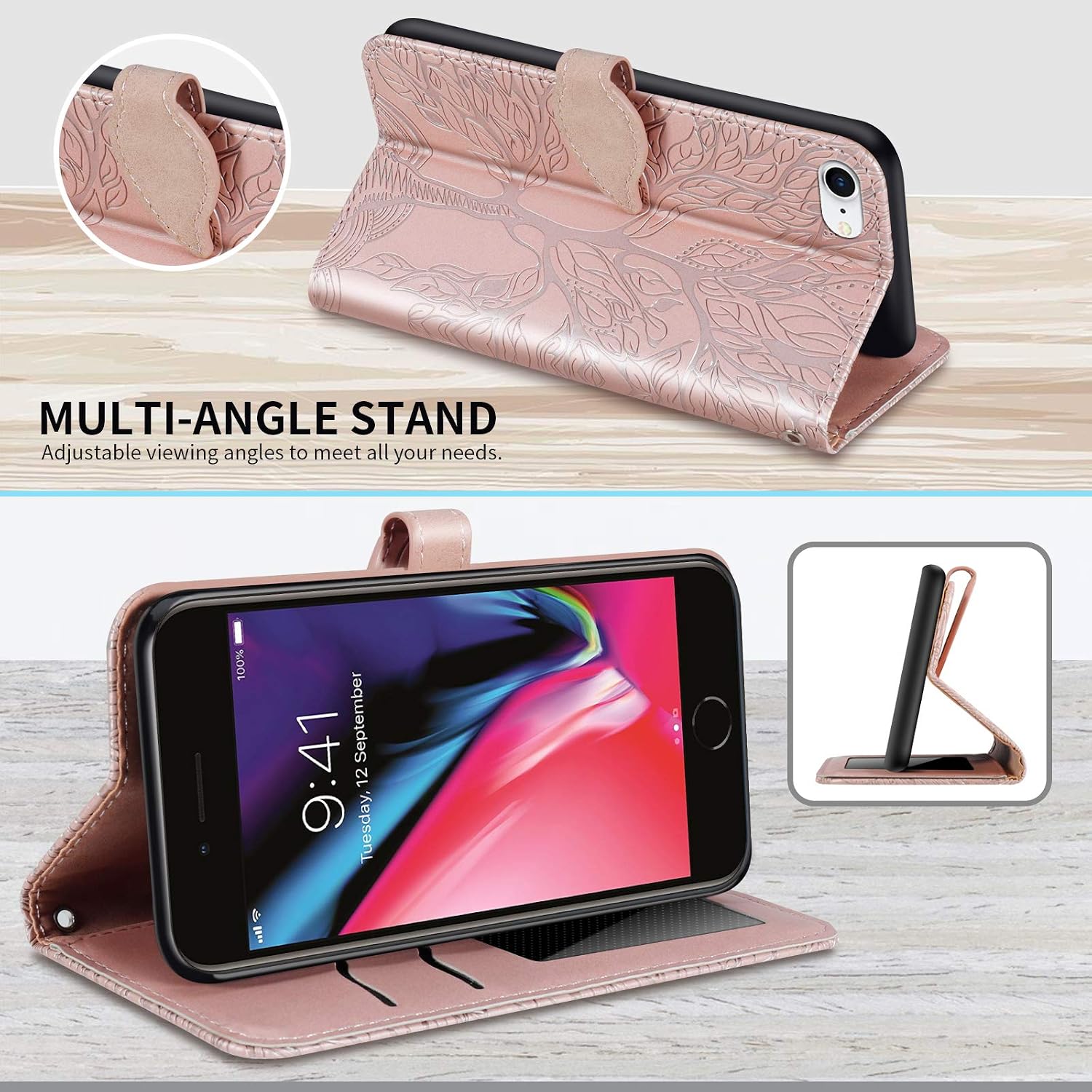 Wallet Case for iPhone SE 2022/iPhone SE 2020 with Card Slot/Holder Folio Kickstand with Magnetic Closure Fold Flip PU Leather Case for iPhone SE 2022/SE 2020/7/8(4.7 inch),Rose Gold