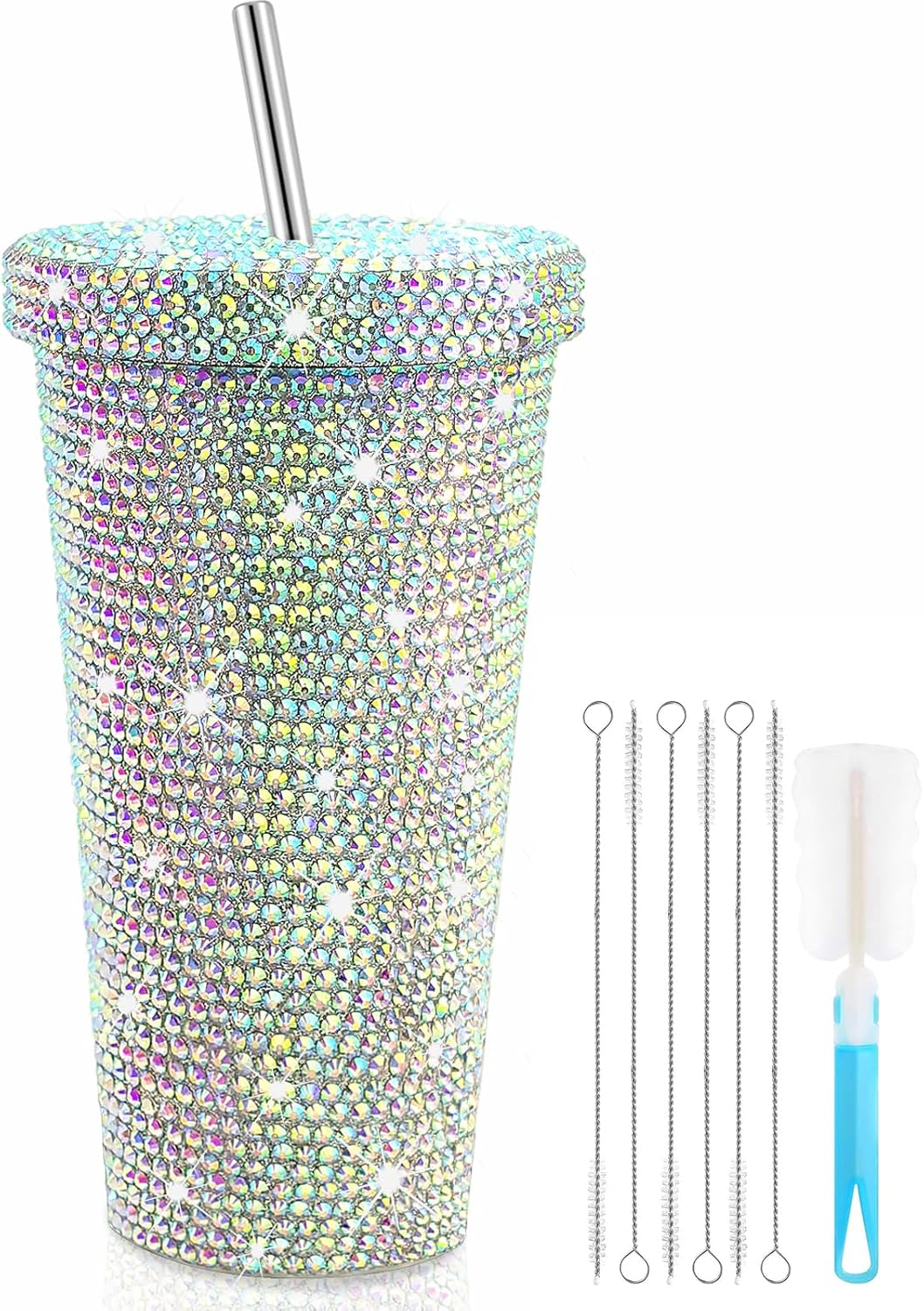 Rhinestone Tumbler,Glitter Tumbler with 6 Pcs Straw Brushes 1 Pcs Cup Brush,Rhinestone Water Bottle with Straw Lid,Stainless Steel Double Wall Vacuum Thermal Bling Cup for Women