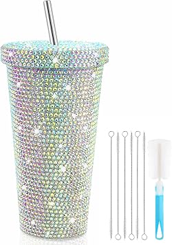 Rhinestone Tumbler,Glitter Tumbler with 6 Pcs Straw Brushes 1 Pcs Cup Brush,Rhinestone Water Bottle with Straw Lid,Stainless Steel Double Wall Vacuum Thermal Bling Cup for Women