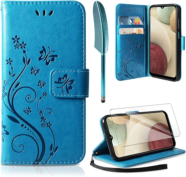 Coque Samsung A12/M12 - Étui Portefeuille Rétro avec Support Vidéo et Porte-Cartes Bleu