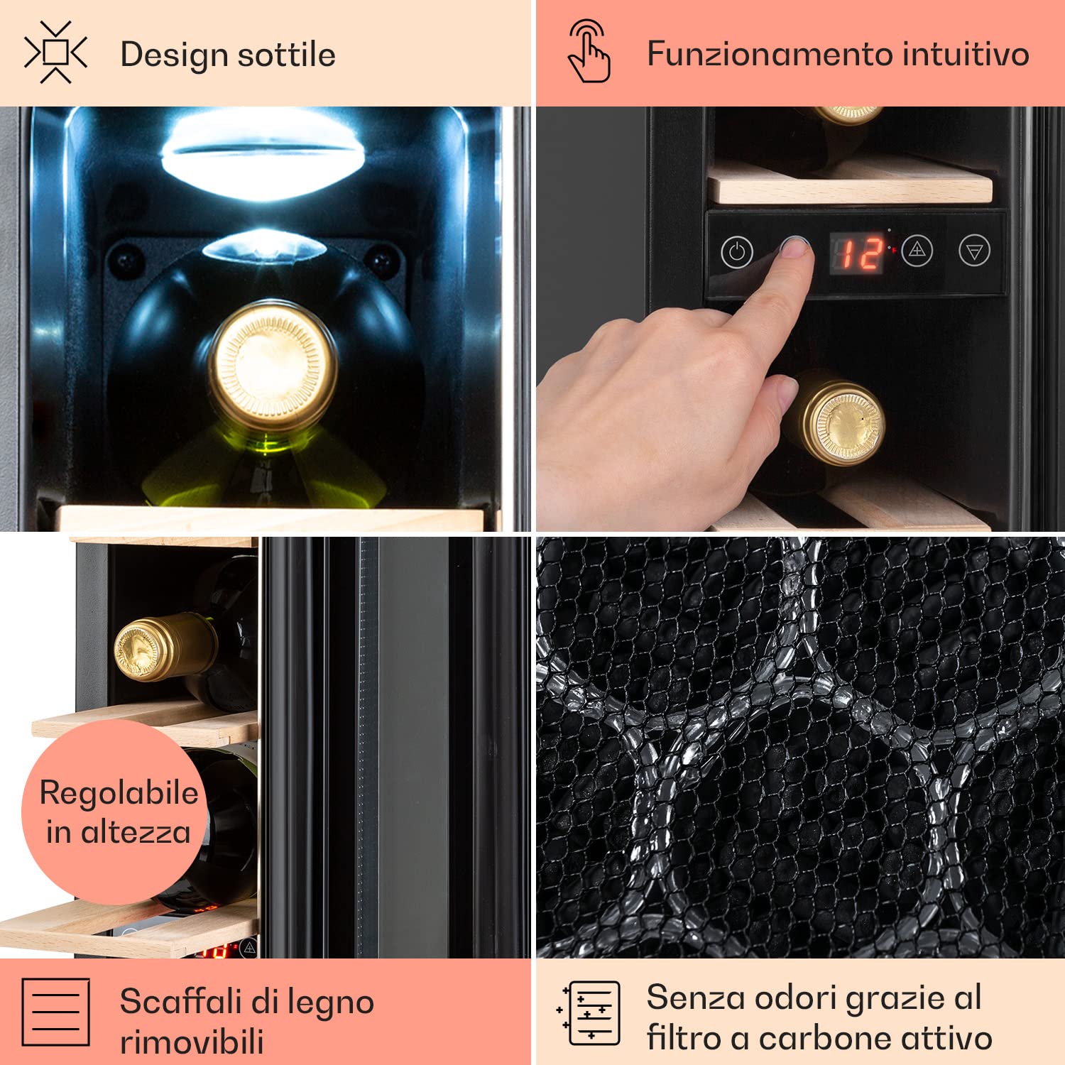 KLARSTEIN Cantinetta Vino Design da Incasso, Refrigerata a Zona Singola per Vino Rosso, Bianco e Birra, Controlli Touch, Frigo per Esterno/Interno, 20L, 7 Bottiglie