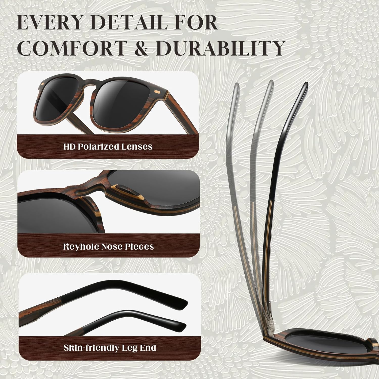 SUNGAIT Vintage Wood Sunglasses for Men Square Polarized UV400 Walnut Ebony Rose Wood - Image 4