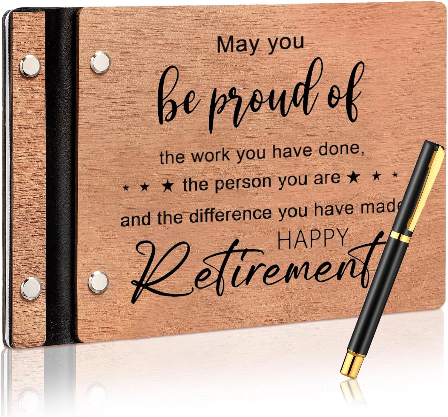 Skyygemm Wood Retirement Guest Book with Signature Pen Retirement Party Decorations Supplies Gifts for Women Men Office Colleague Advice and Wishes(Happy Retirement)