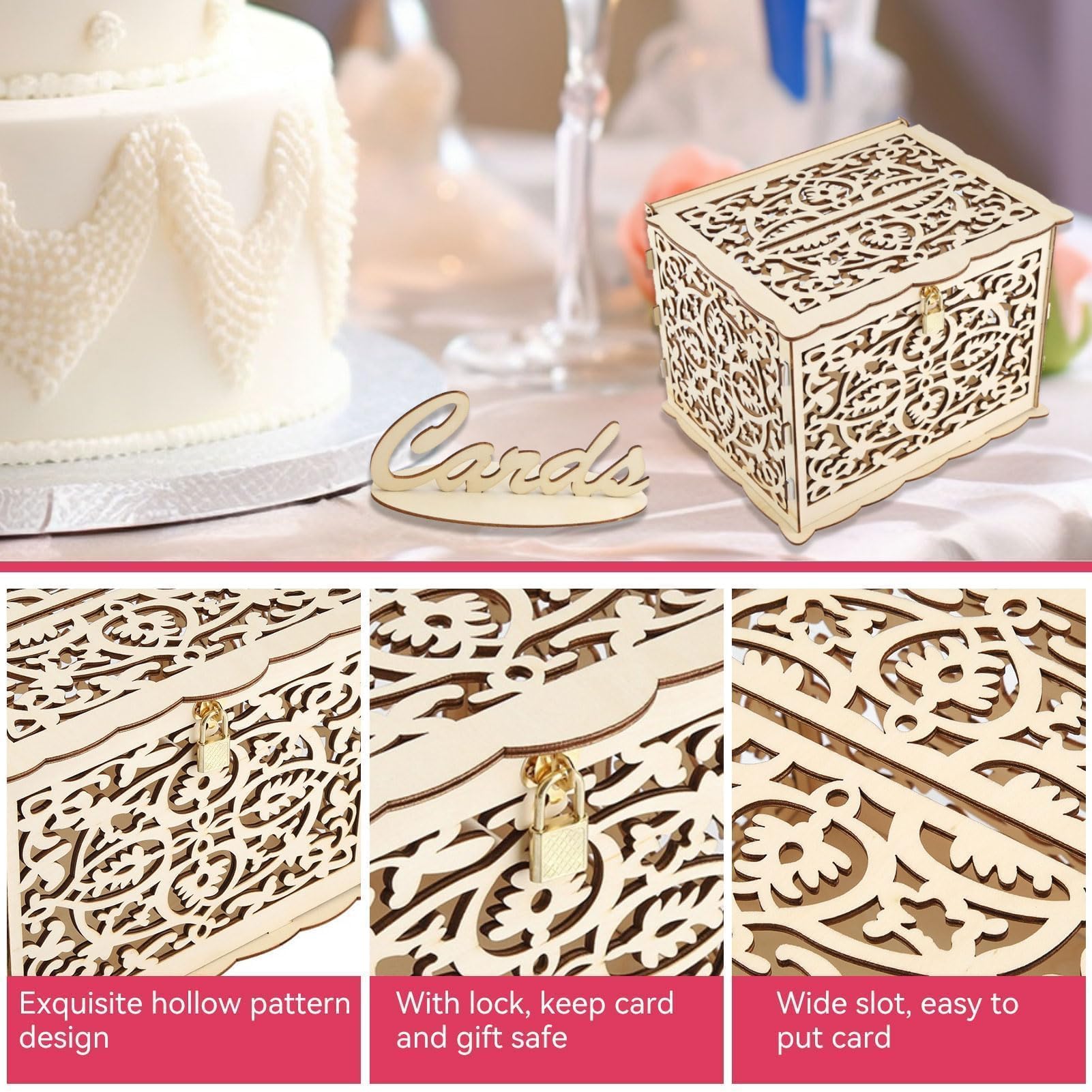 HERCHR Porta Buste di Carte di Nozze in Legno con Coperchio e Serratura, Porta Buste per Ricevimento Matrimonio Anniversario con Serratura