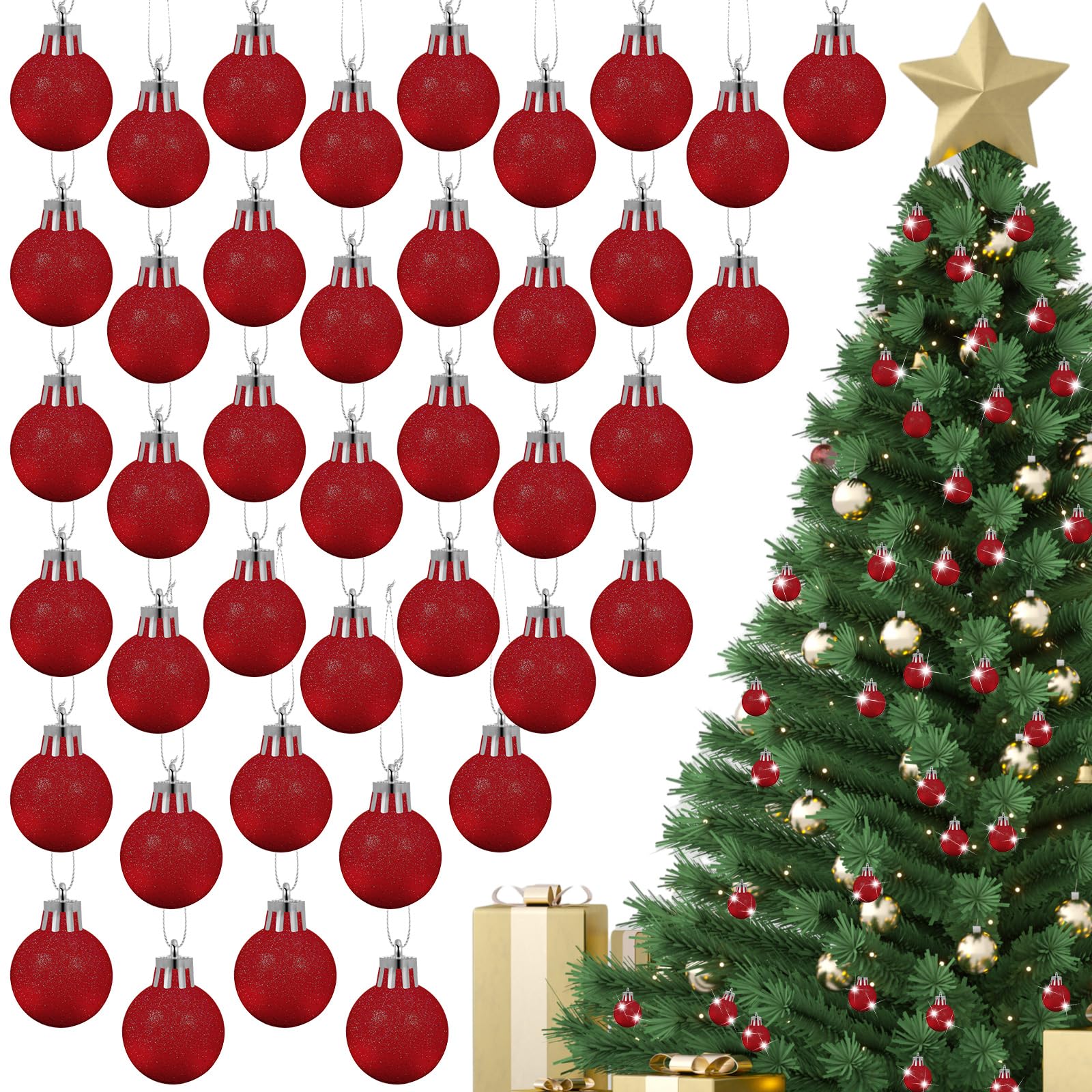 kymqlyw 60 Pcs 1.18 inches Red Christmas Ball Christmas Tree Ornaments Christmas Tree Pendants Xmas Shiny Balls Baubles Set Christmas for Christmas Tree Hanging Wreath Garland Decorations（Red Glitter）