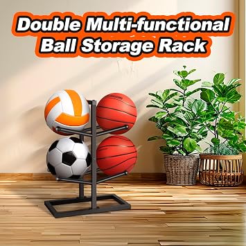 HOOTO Basketball Rack, Basketball Racks for Balls, Metal Ball Racks for Basketballs Soccer Volleyball Organizers Storage Rack (Black)