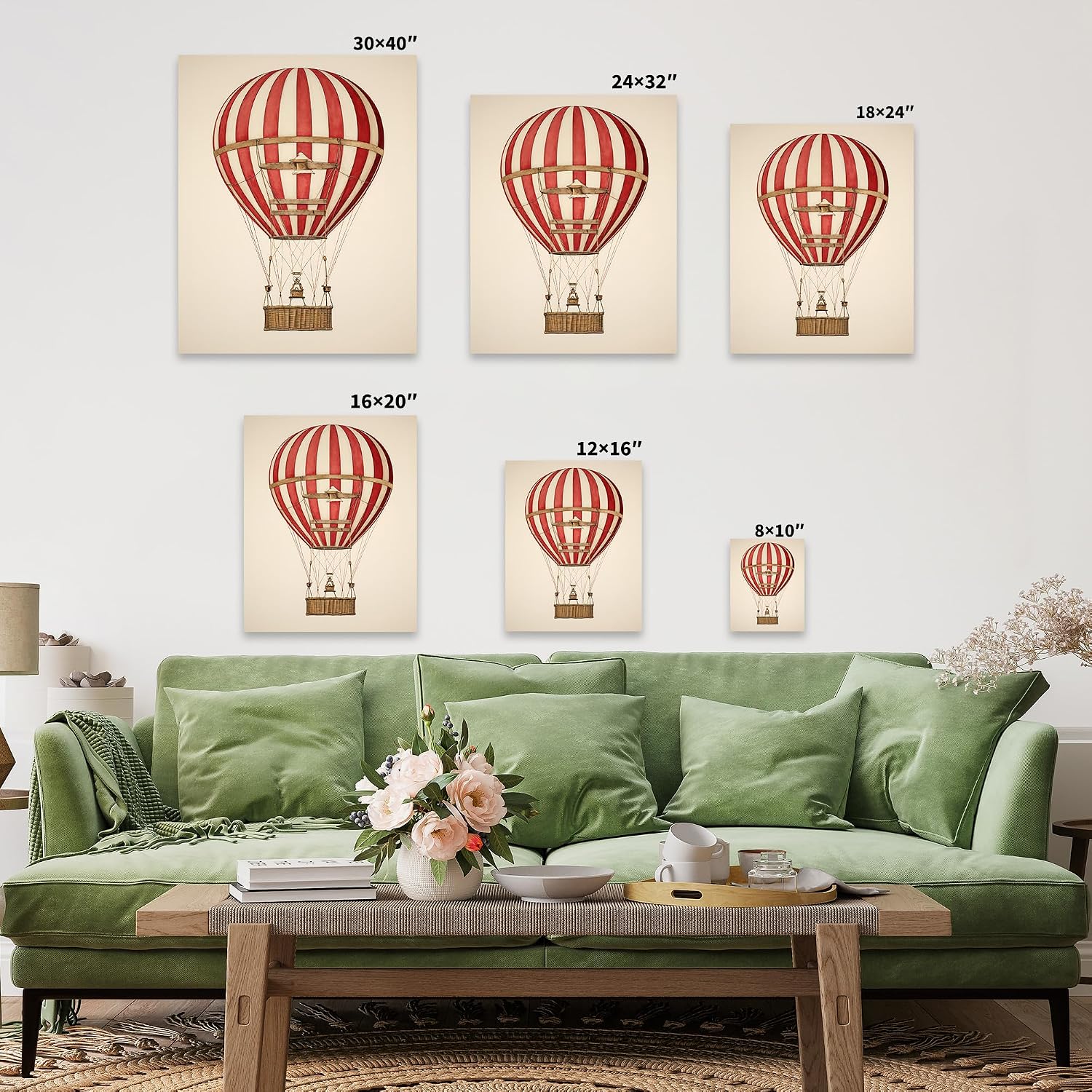 Poster Master Hot Air Balloon Canvas - Retro Striped Air Balloon Print - Airship Art - Minimal Art - Gift for Kids & Parents - Decor for Nursery, Bedroom or Kids Room - 8x10 STRETCHED Canvas